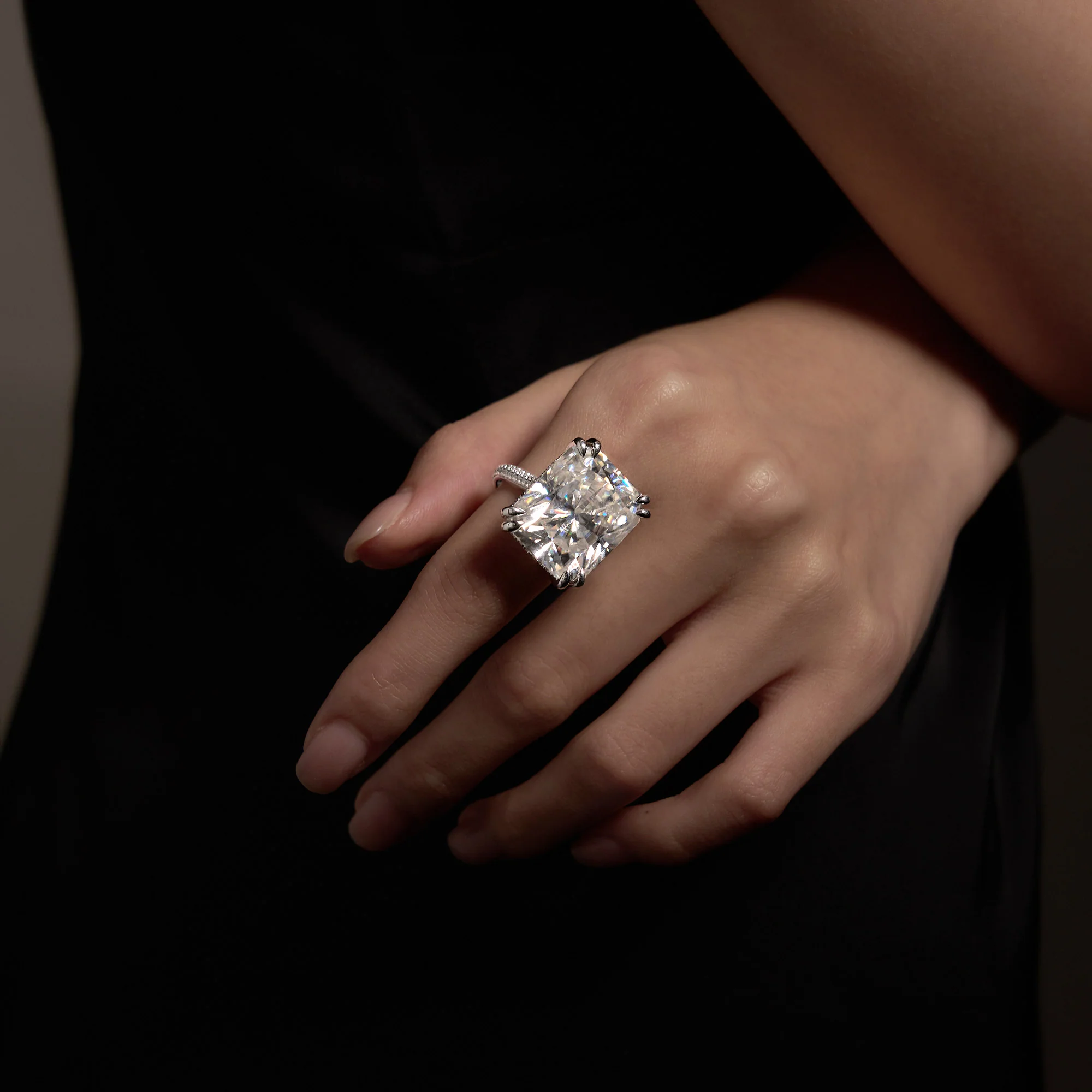 35 Carat Radiant Moissanite Ring with Pave Band in 14K Gold - Image 10