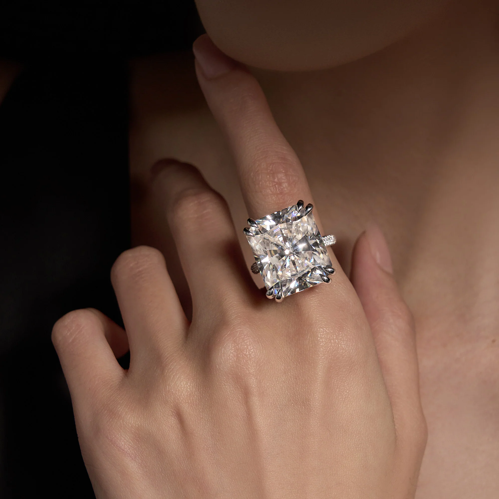 35 Carat Radiant Moissanite Ring with Pave Band in 14K Gold - Image 12