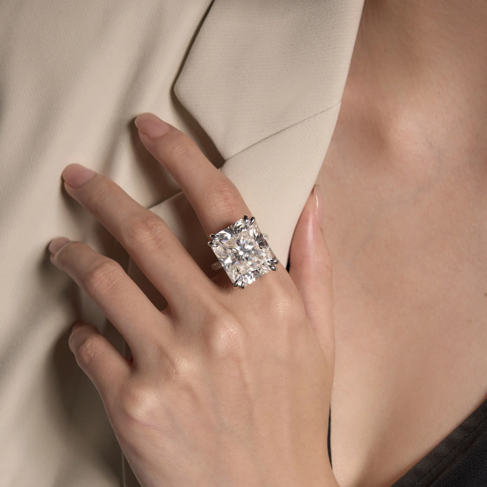 35 Carat Radiant Moissanite Ring with Pave Band in 14K Gold - Image 13