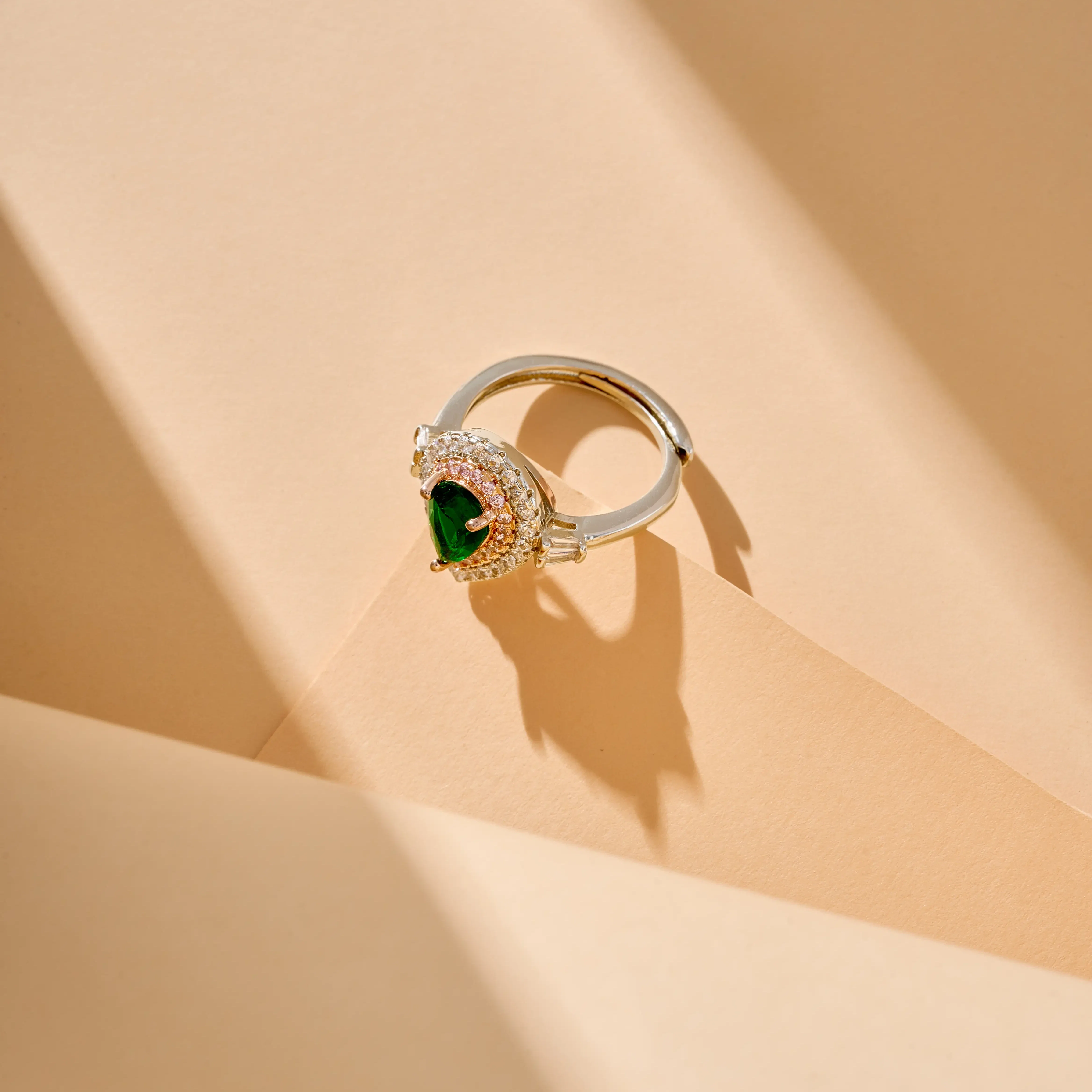 Arc And Bold Pear Cut With 2 Lines of Halo Emerald Open Ring - Image 3