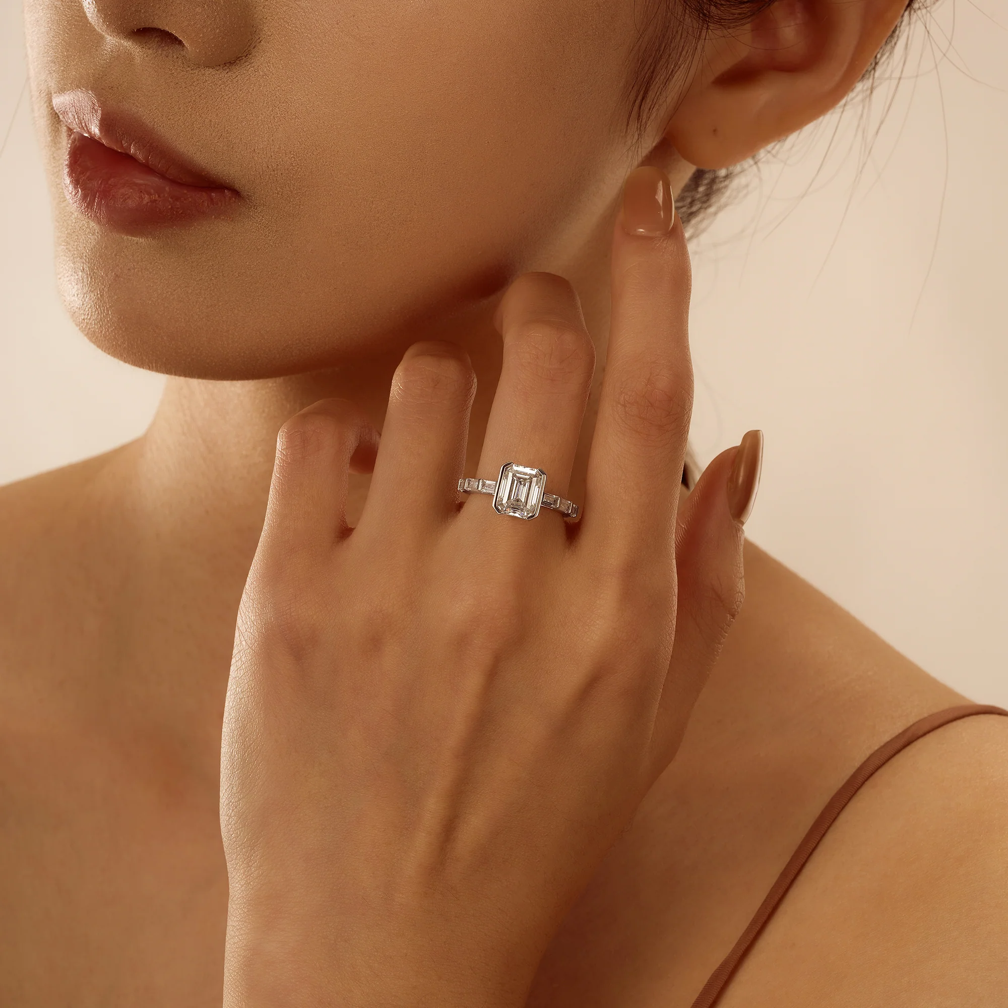 Art Deco Emerald Moissanite Bezel Ring - Image 10