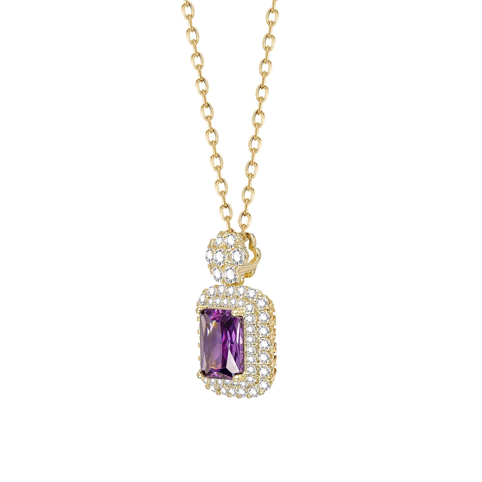 Classic Radiant Cut With Halo Style Amethyst Pendant Necklace - Image 3