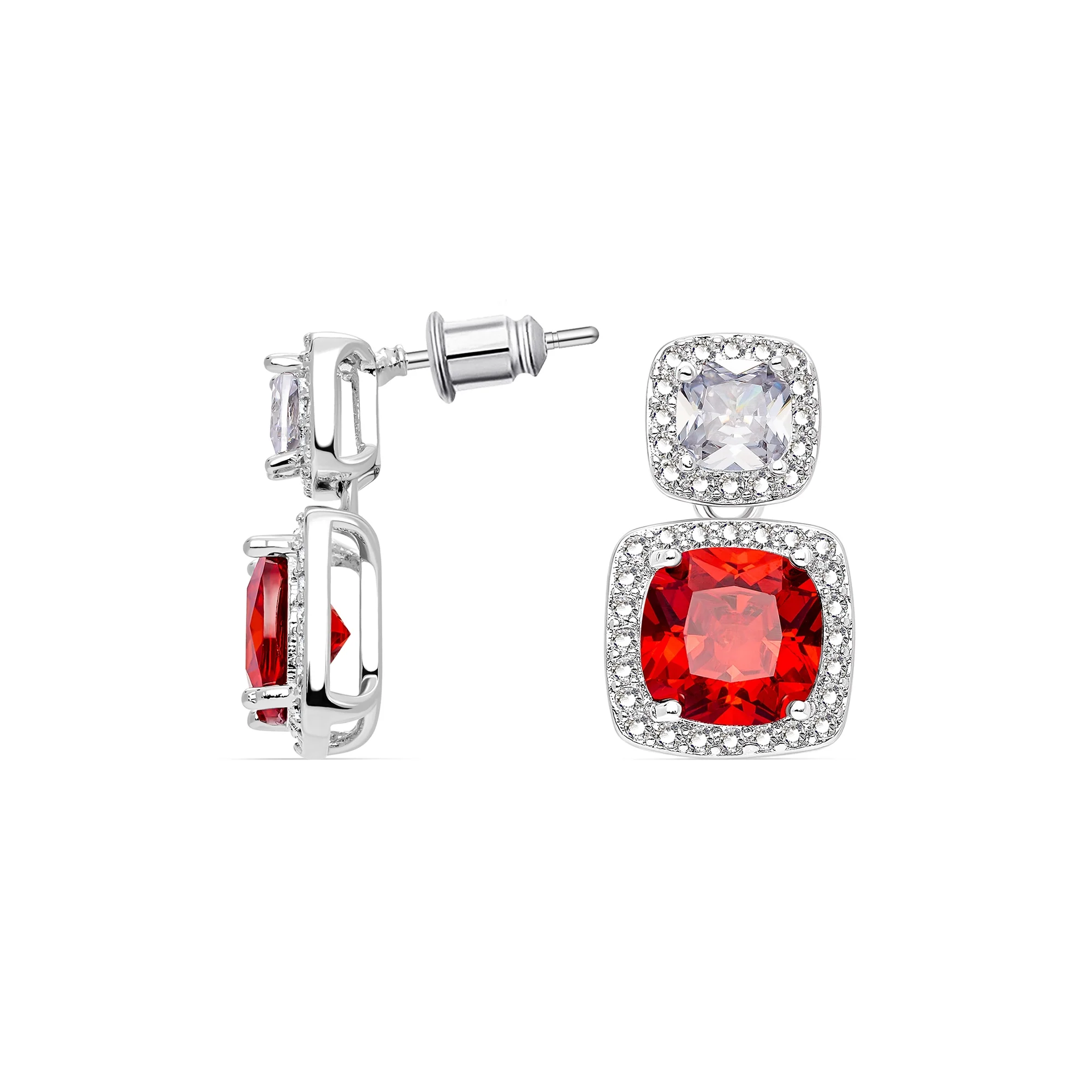 Cushion Cut With Halo Style Red Ruby Drop Earings - Image 3