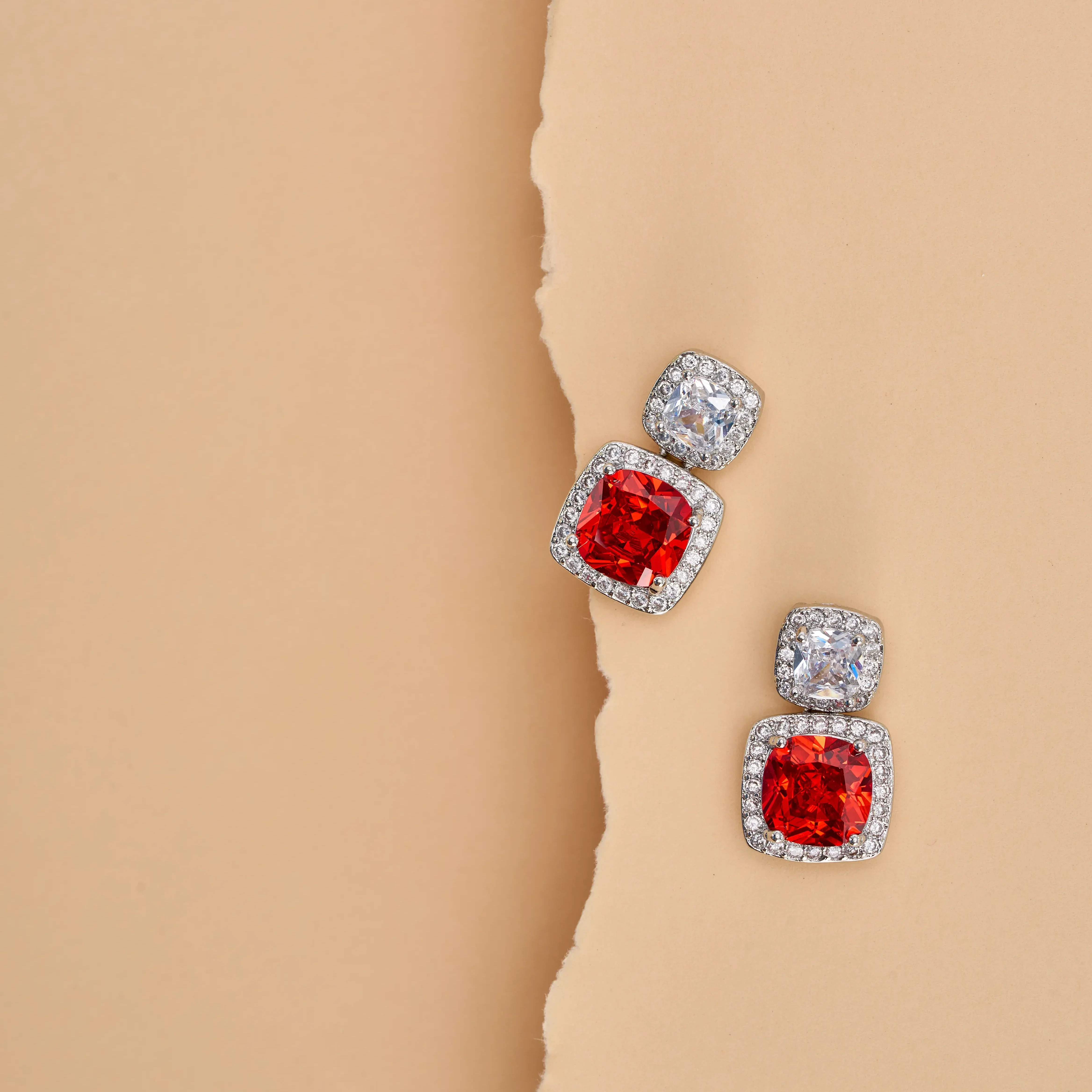 Cushion Cut With Halo Style Red Ruby Drop Earings - Image 5