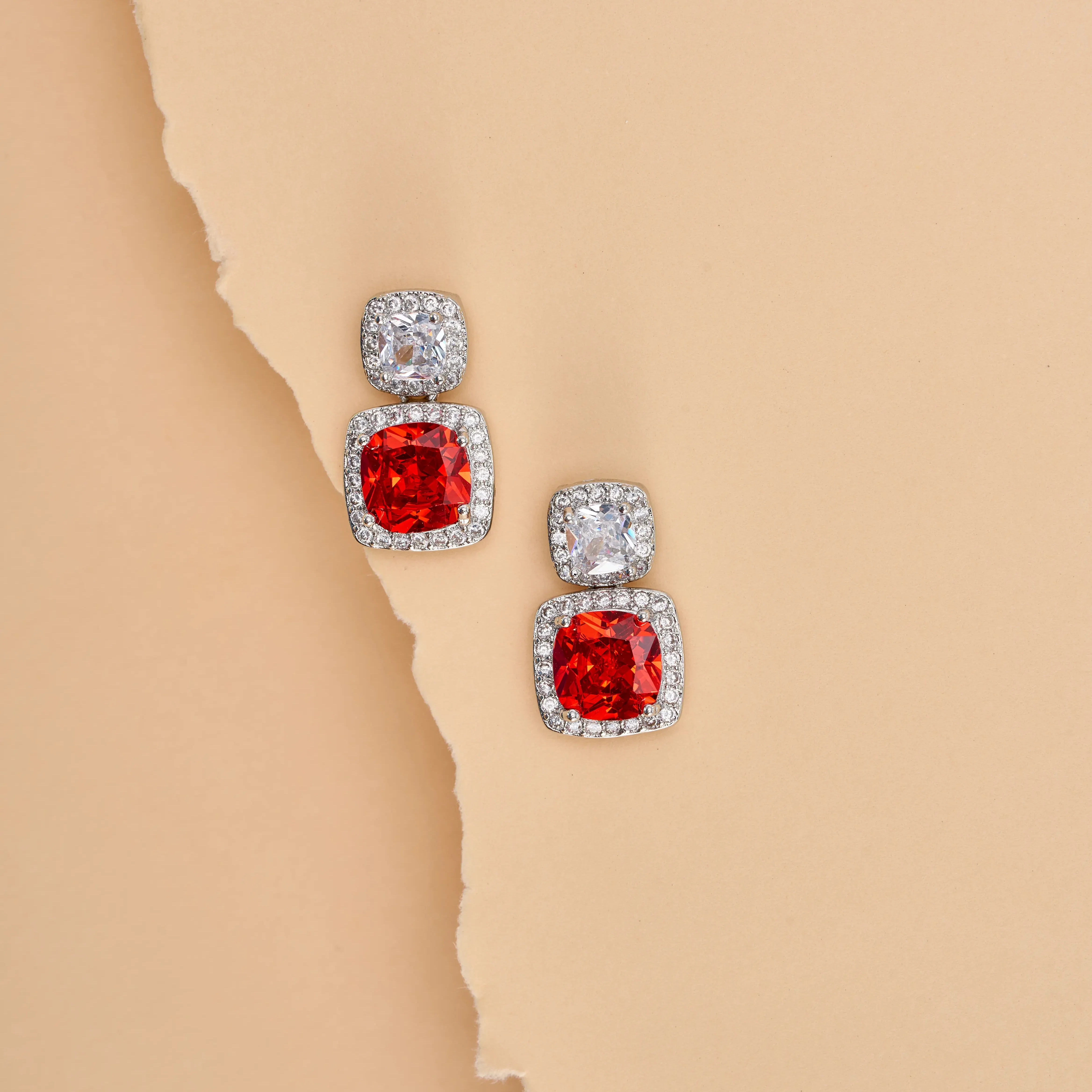 Cushion Cut With Halo Style Red Ruby Drop Earings - Image 6