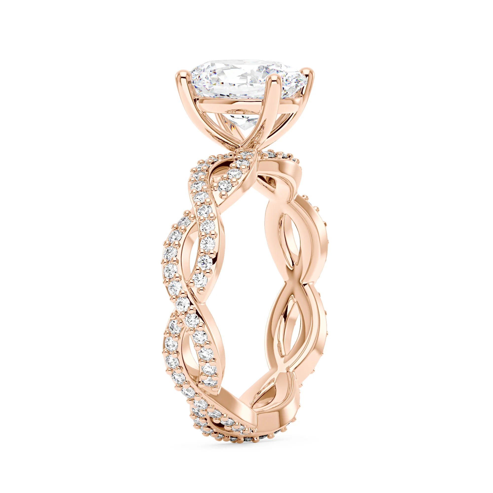Oval Moissanite Ring with Pavé Infinity Twist Band - Image 8