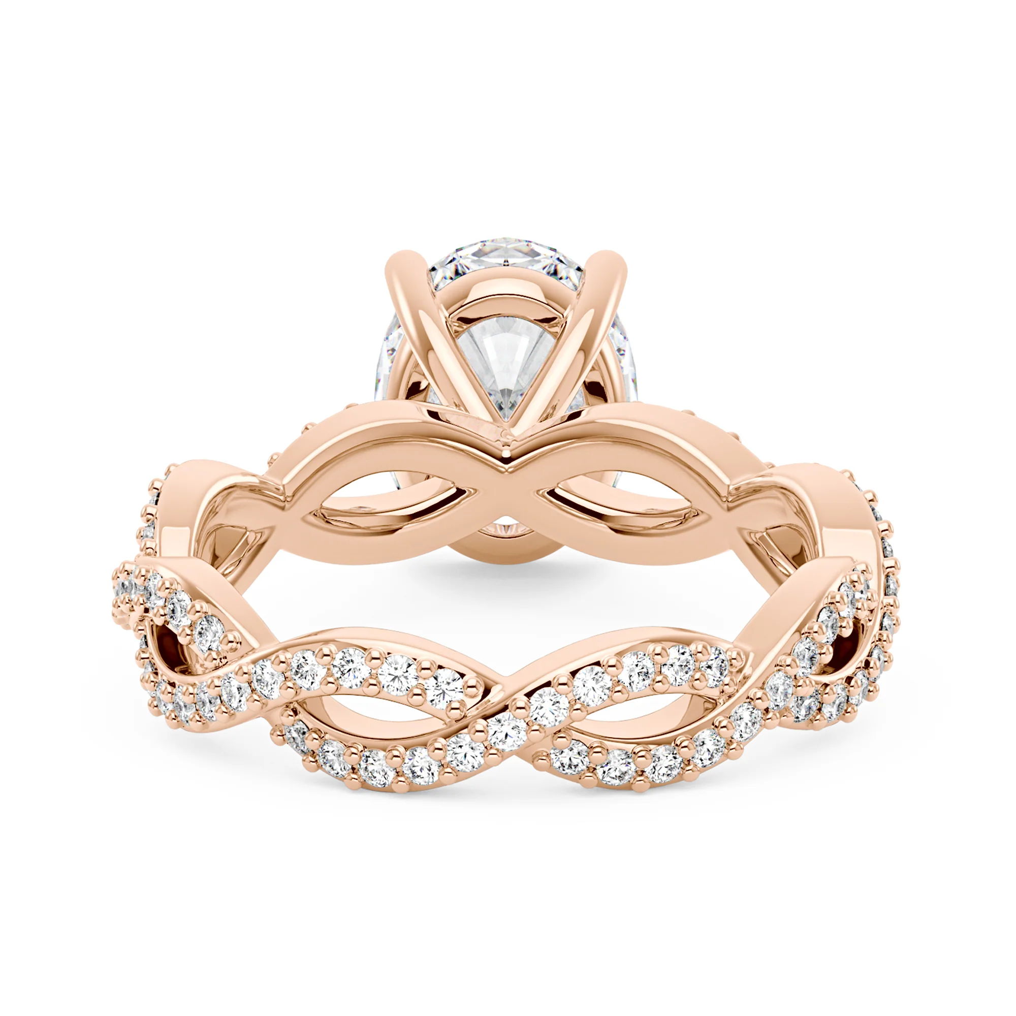 Oval Moissanite Ring with Pavé Infinity Twist Band - Image 9