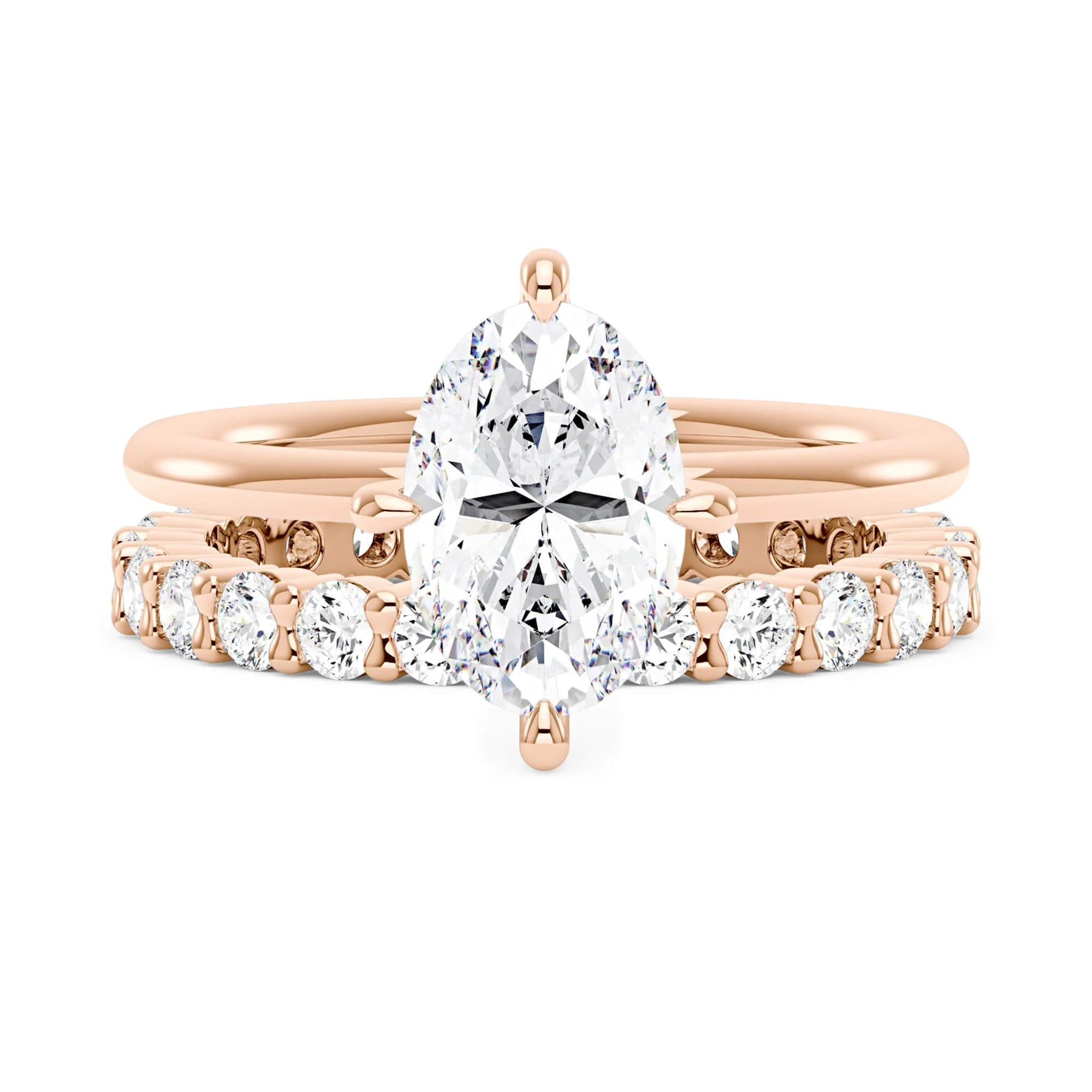 Elongated Oval Cut Moissanite Engagement Ring and Pavé Wedding Band Set - Image 4