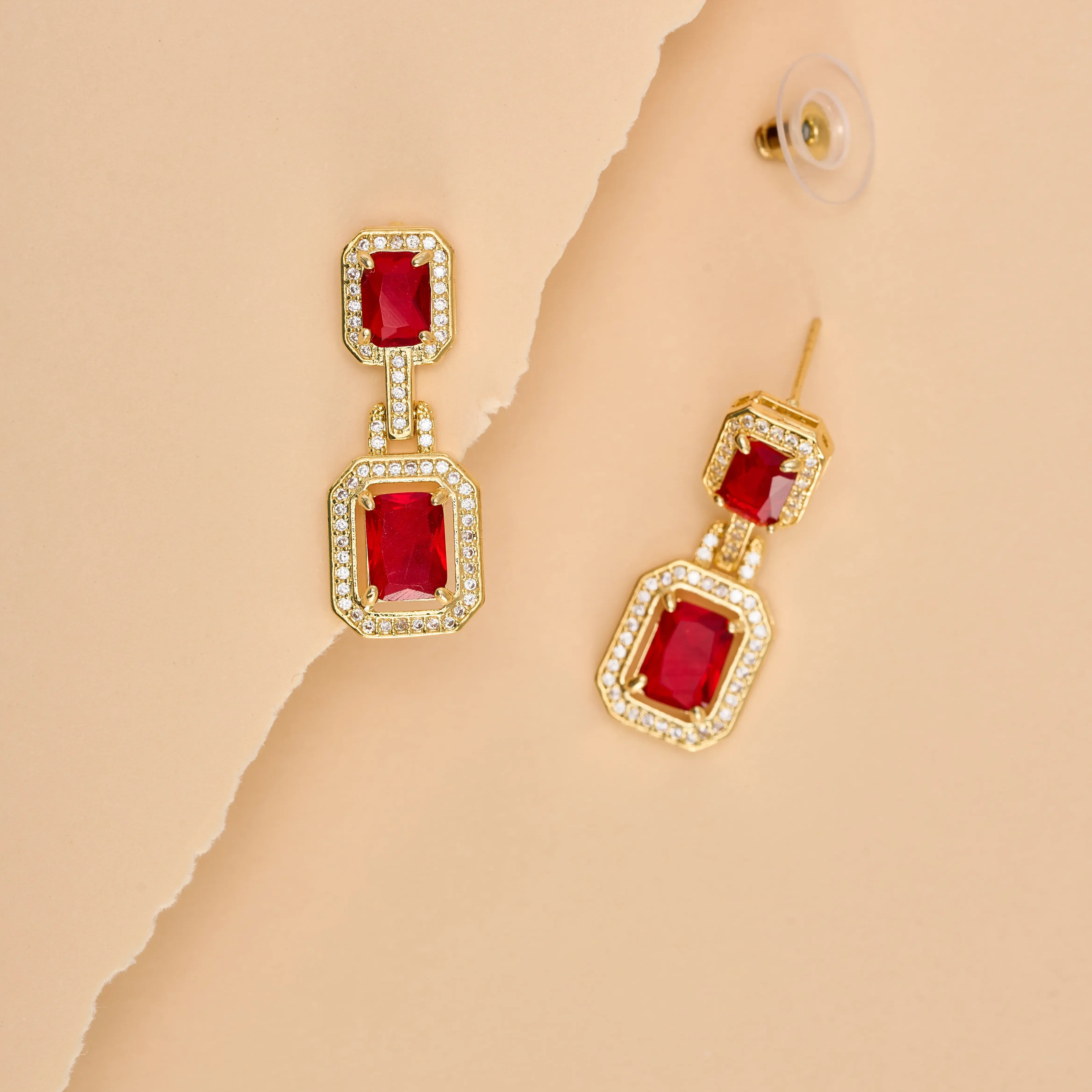 Emerald With Halo Style Ruby Drop Earings - Image 3