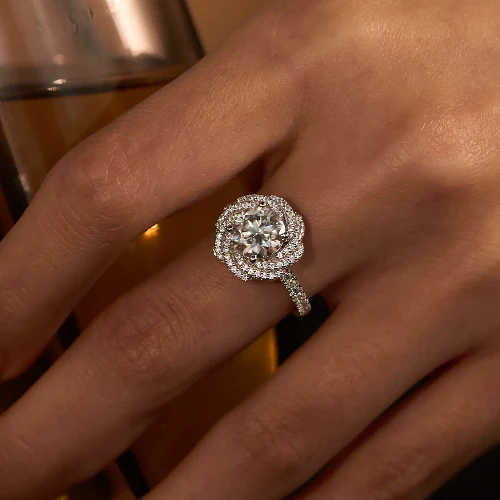 Art Deco Flower Halo Moissanite Engagement Ring with Pavé Band - Image 10