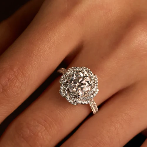 Art Deco Flower Halo Moissanite Engagement Ring with Pavé Band - Image 12