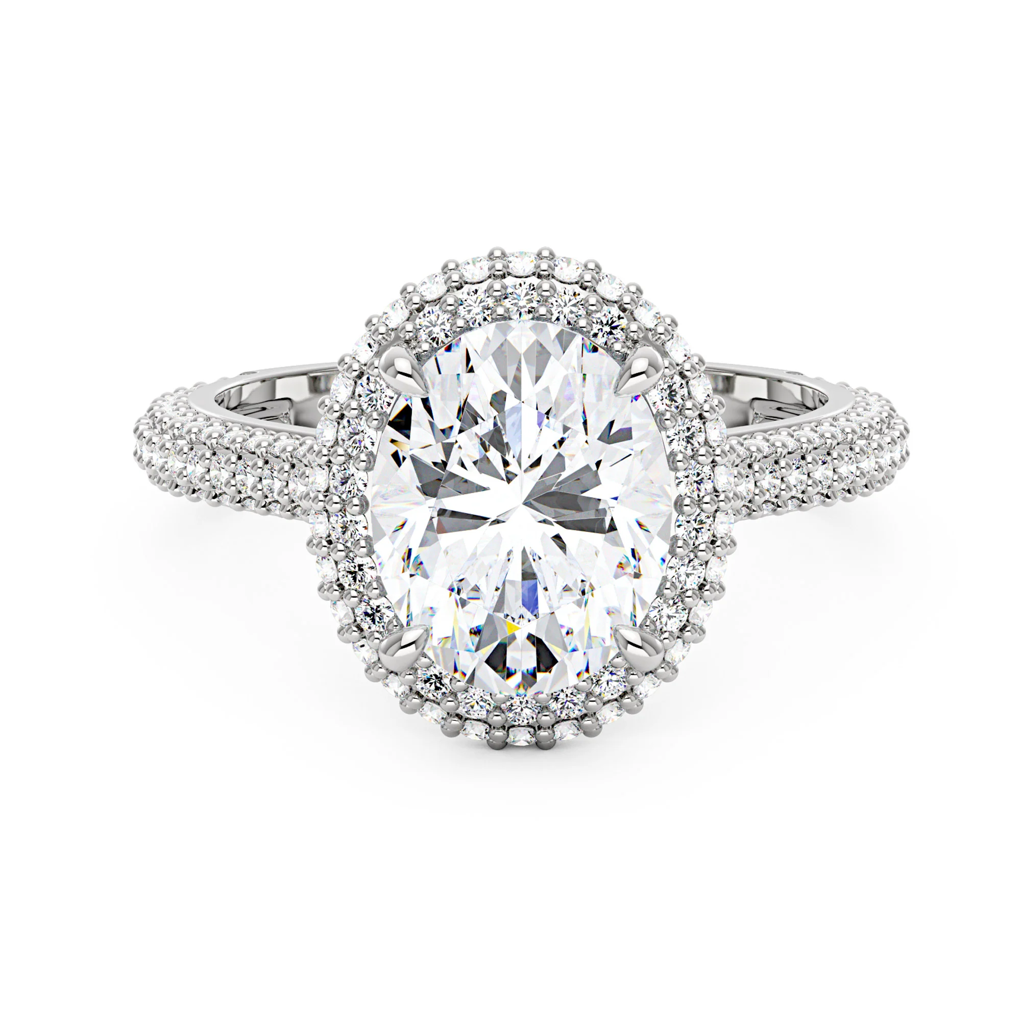Oval Cut Moissanite Double Halo Pavé Band Engagement Ring