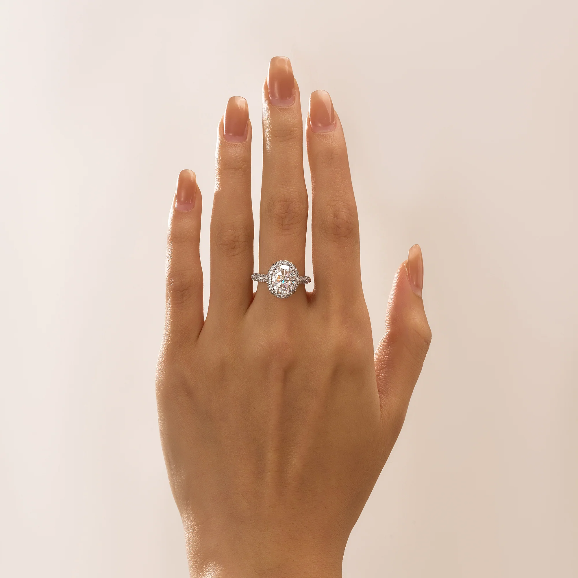 Oval Cut Moissanite Double Halo Pavé Band Engagement Ring - Image 11