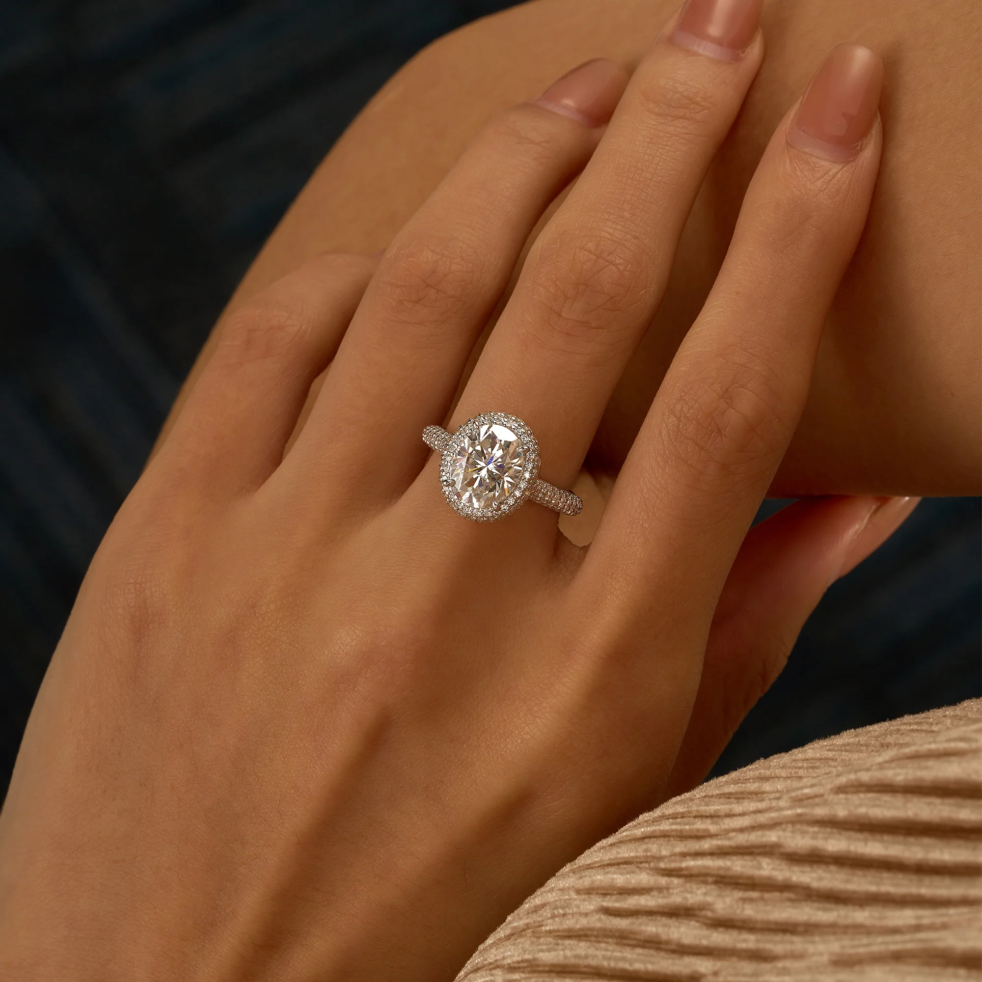 Oval Cut Moissanite Double Halo Pavé Band Engagement Ring - Image 12
