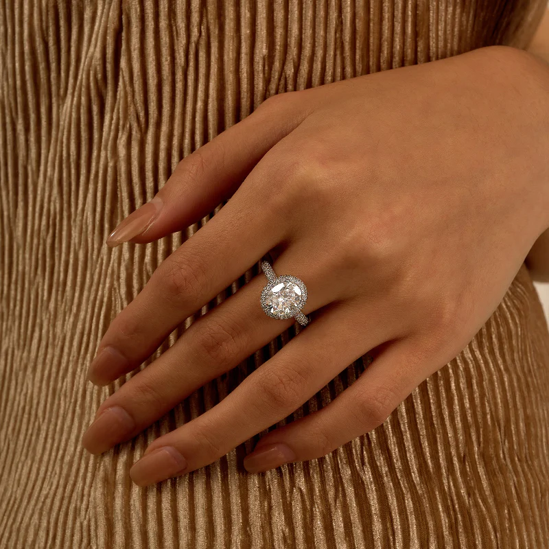 Oval Cut Moissanite Double Halo Pavé Band Engagement Ring - Image 14
