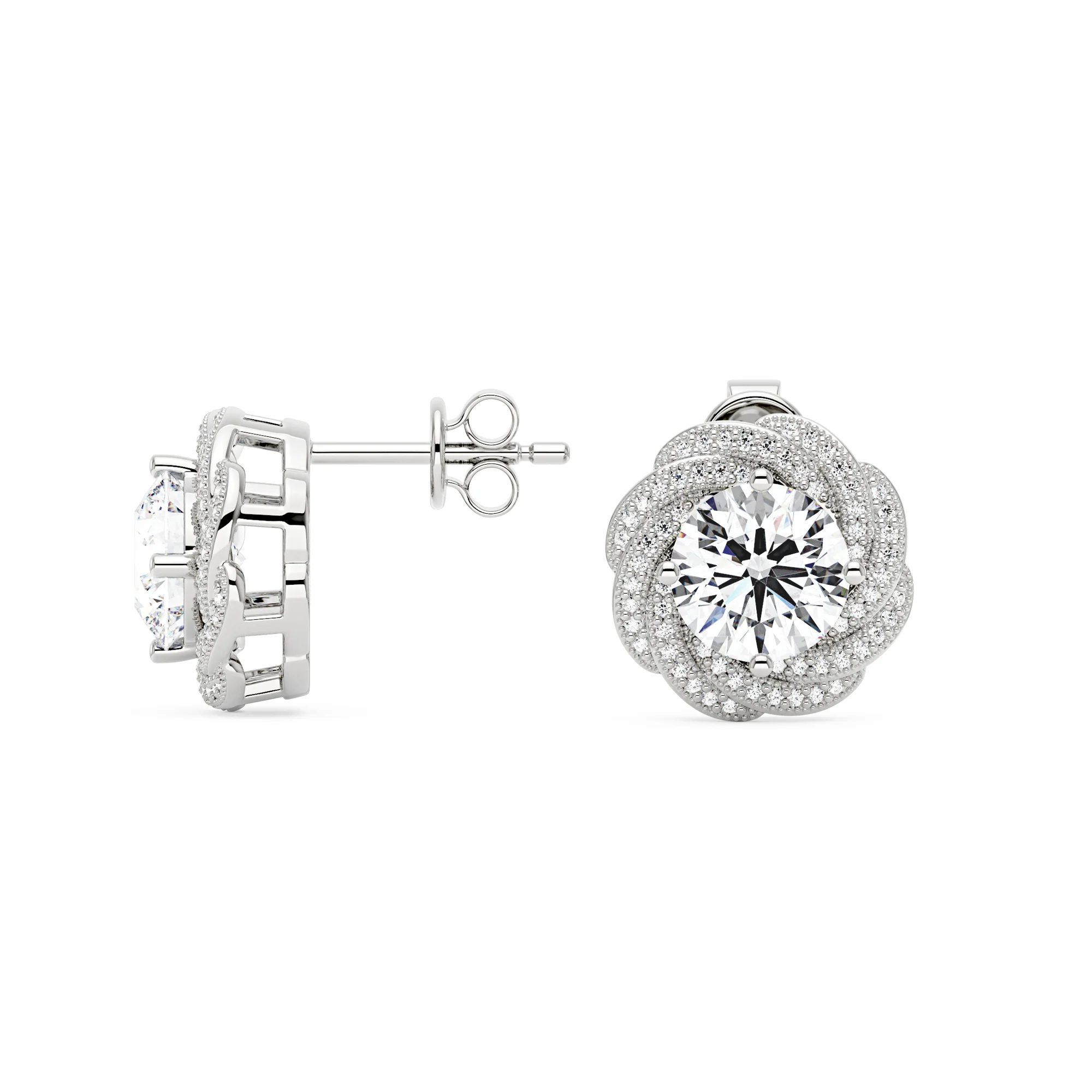 Floral Halo Round Moissanite Stud Earrings - Image 3