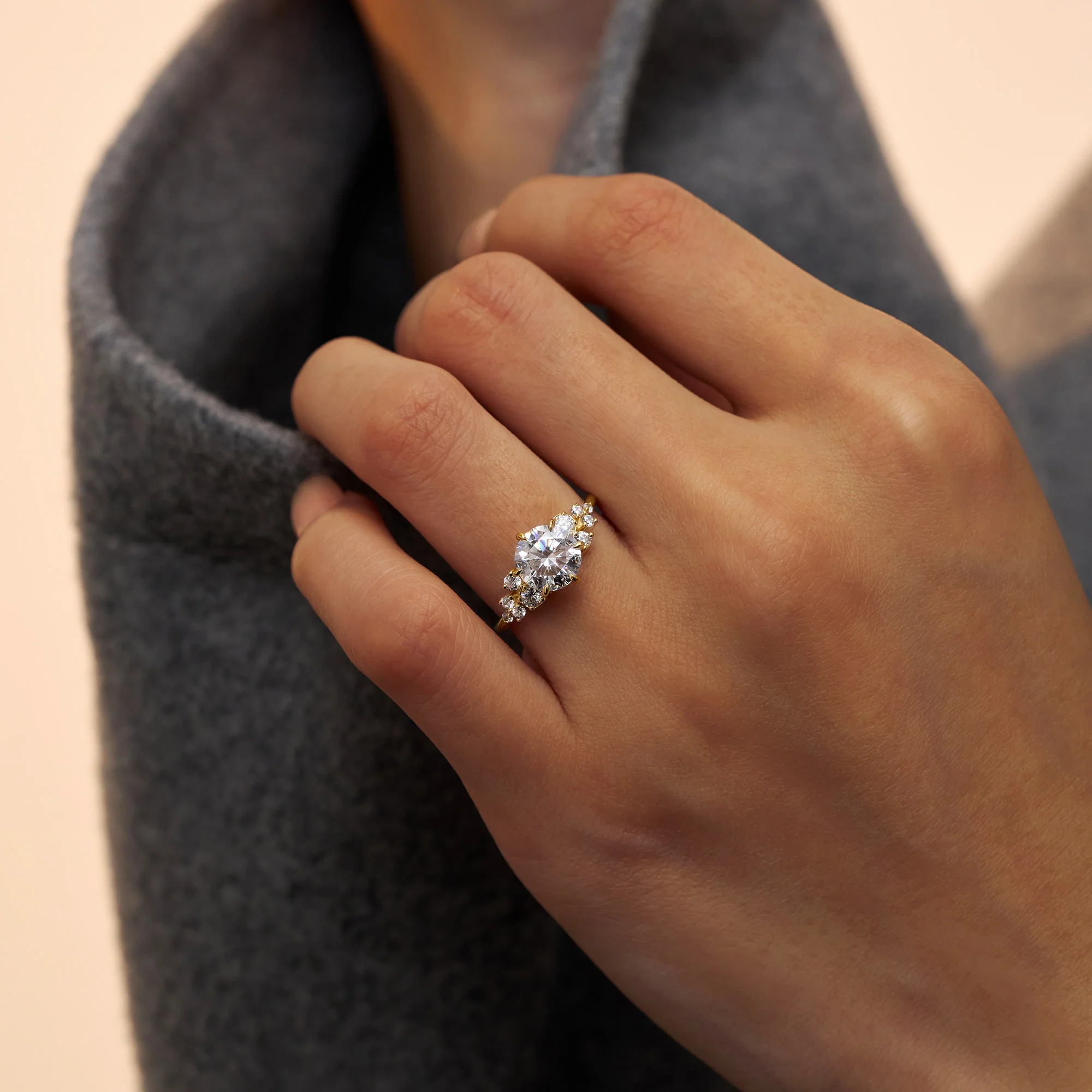 Floral Style Round Moissanite Ring With Side Accents - Image 12