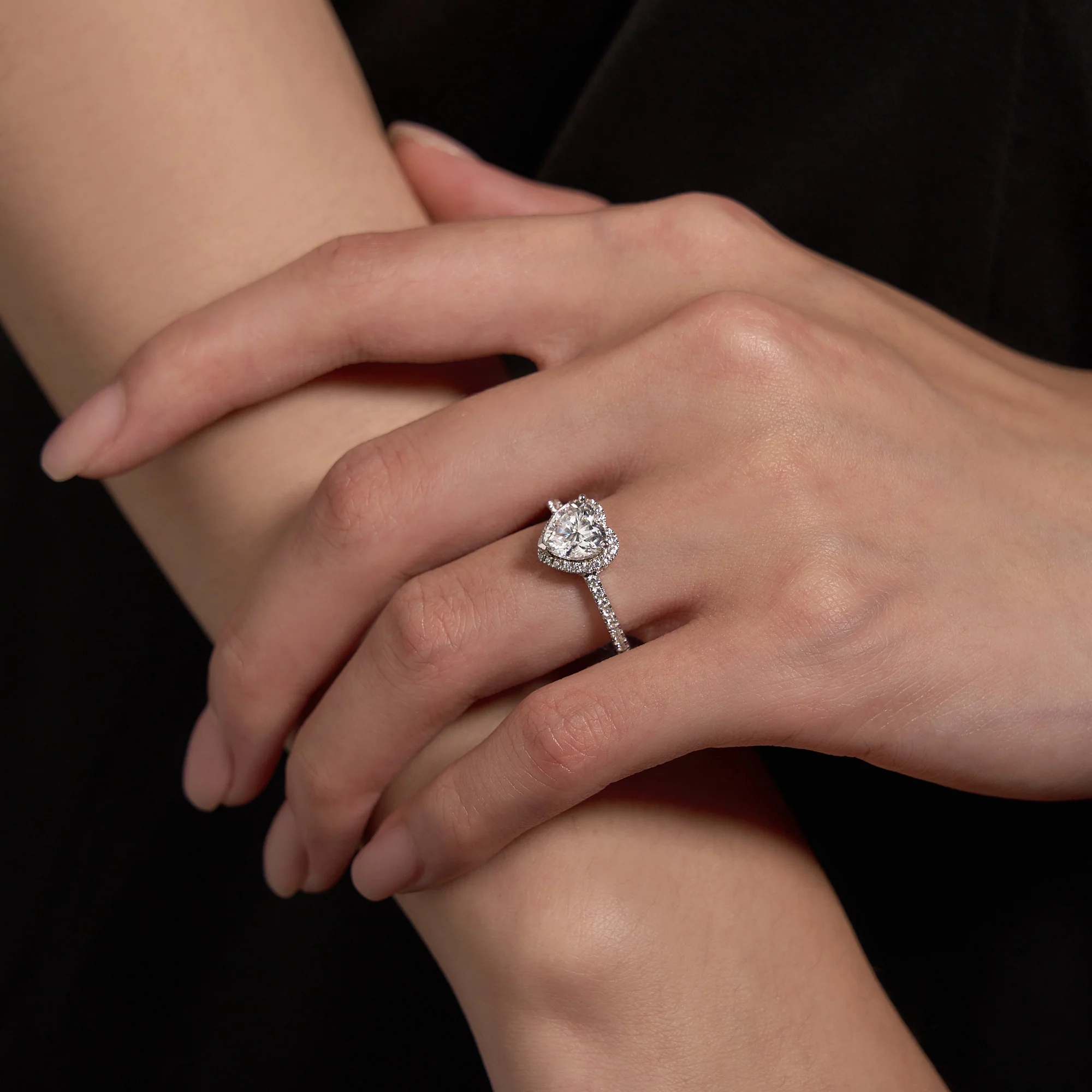 Heart Moissanite Halo Ring with Pavé Band - Image 10