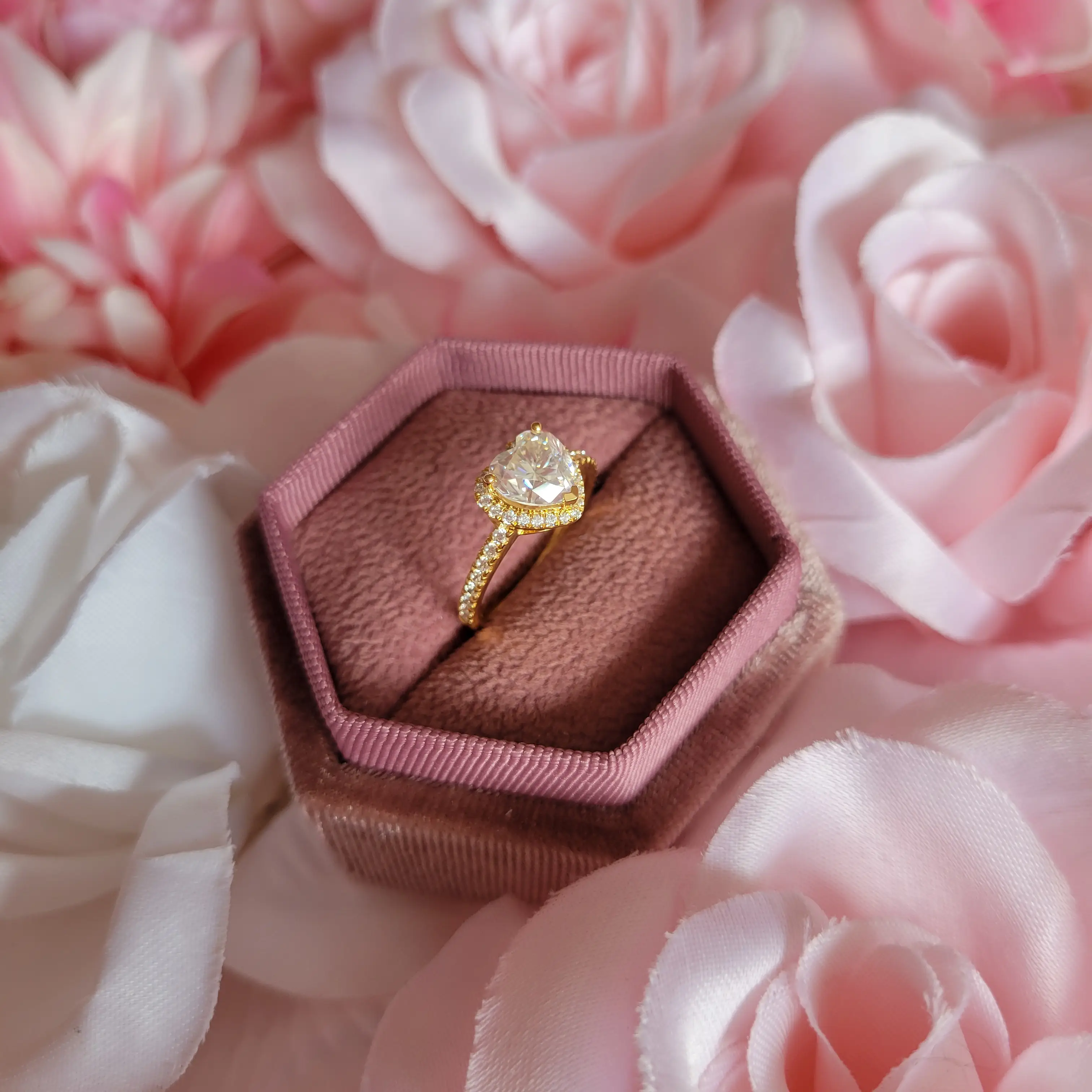 Heart Moissanite Halo Ring with Pavé Band - Image 15