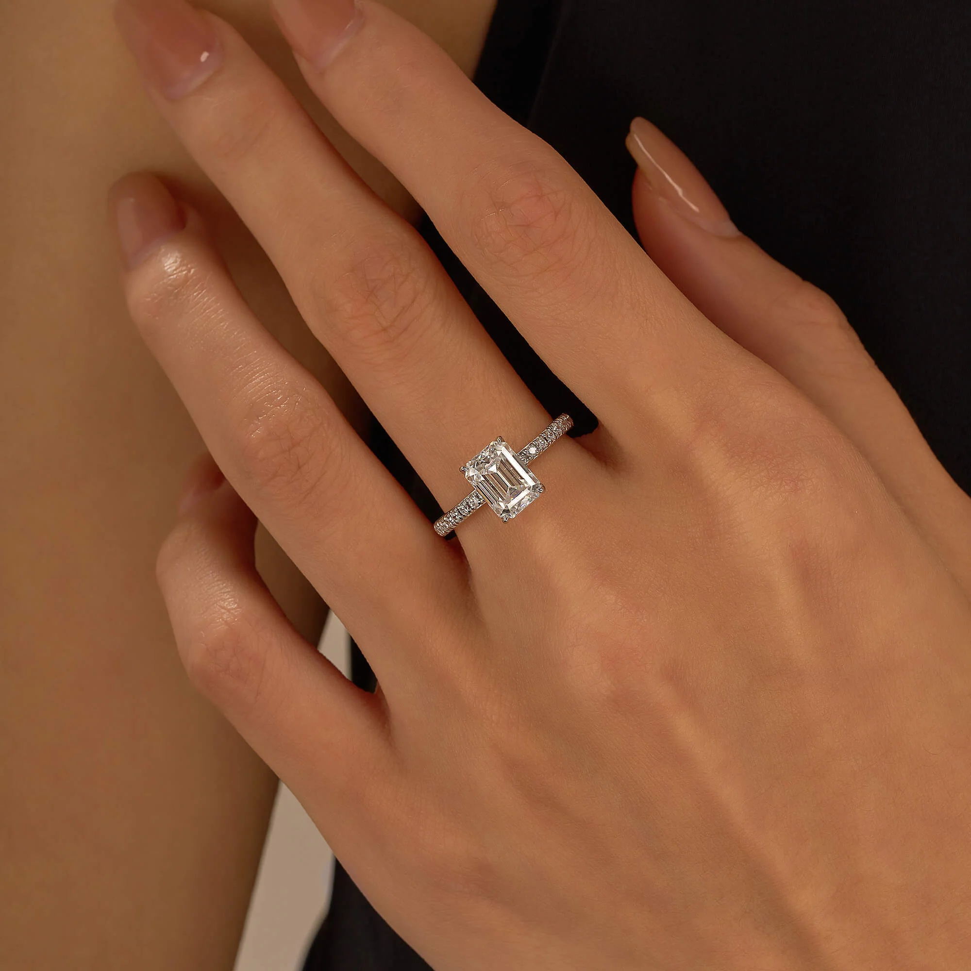 Emerald Hidden Halo Moissanite Ring with Pavé Band - Image 10