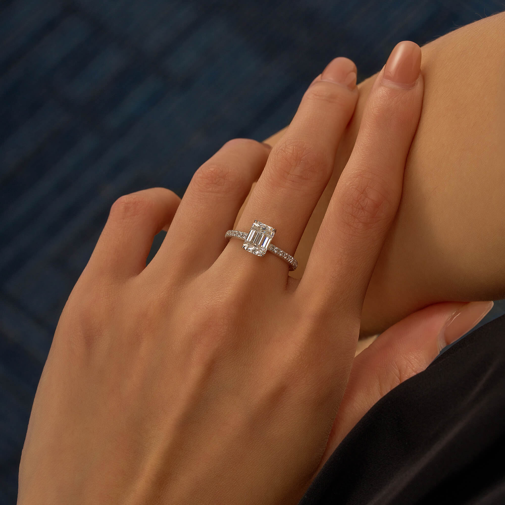 Emerald Hidden Halo Moissanite Ring with Pavé Band - Image 11