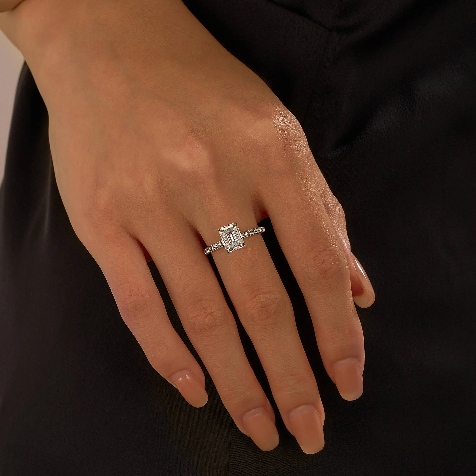Emerald Hidden Halo Moissanite Ring with Pavé Band - Image 12