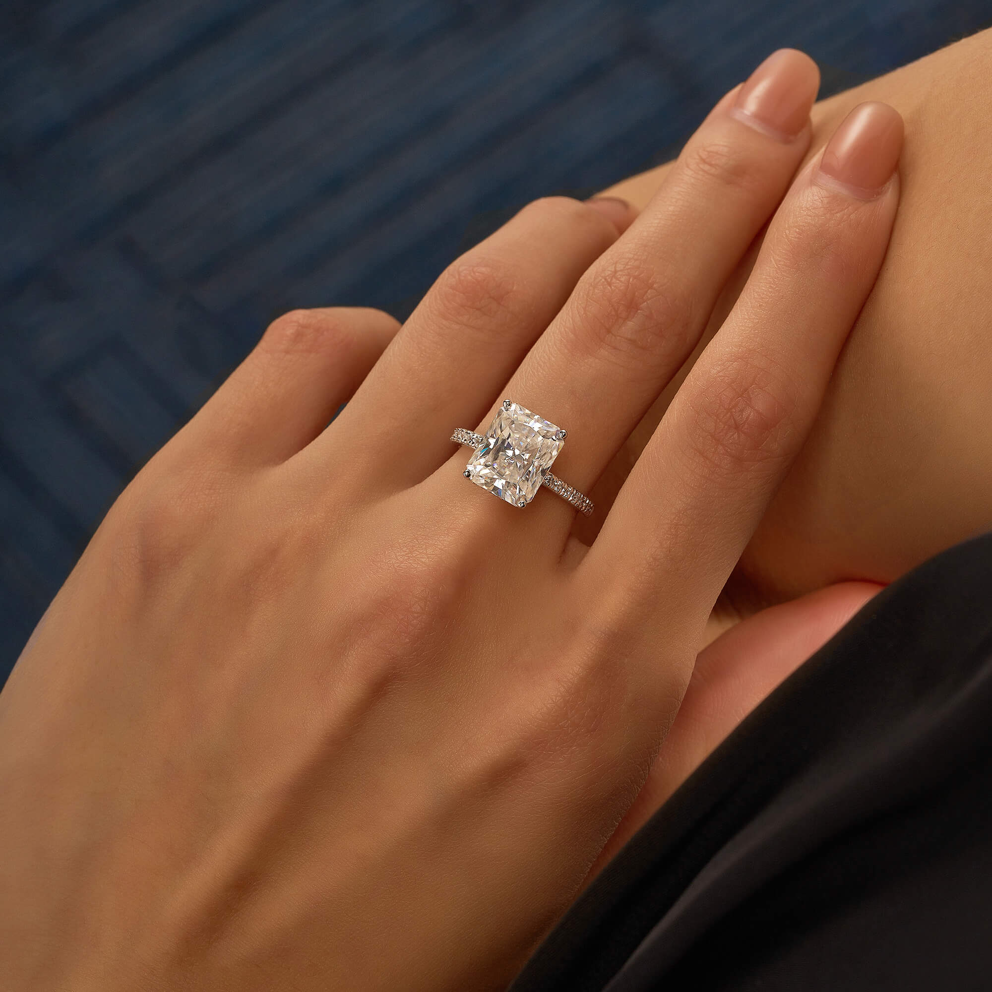Radiant Hidden Halo Engagement Ring with Pavé Band - Image 11