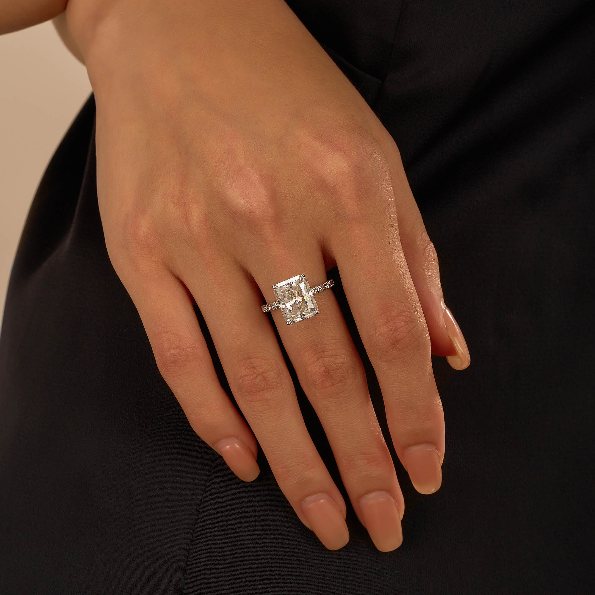 Radiant Hidden Halo Engagement Ring with Pavé Band - Image 12