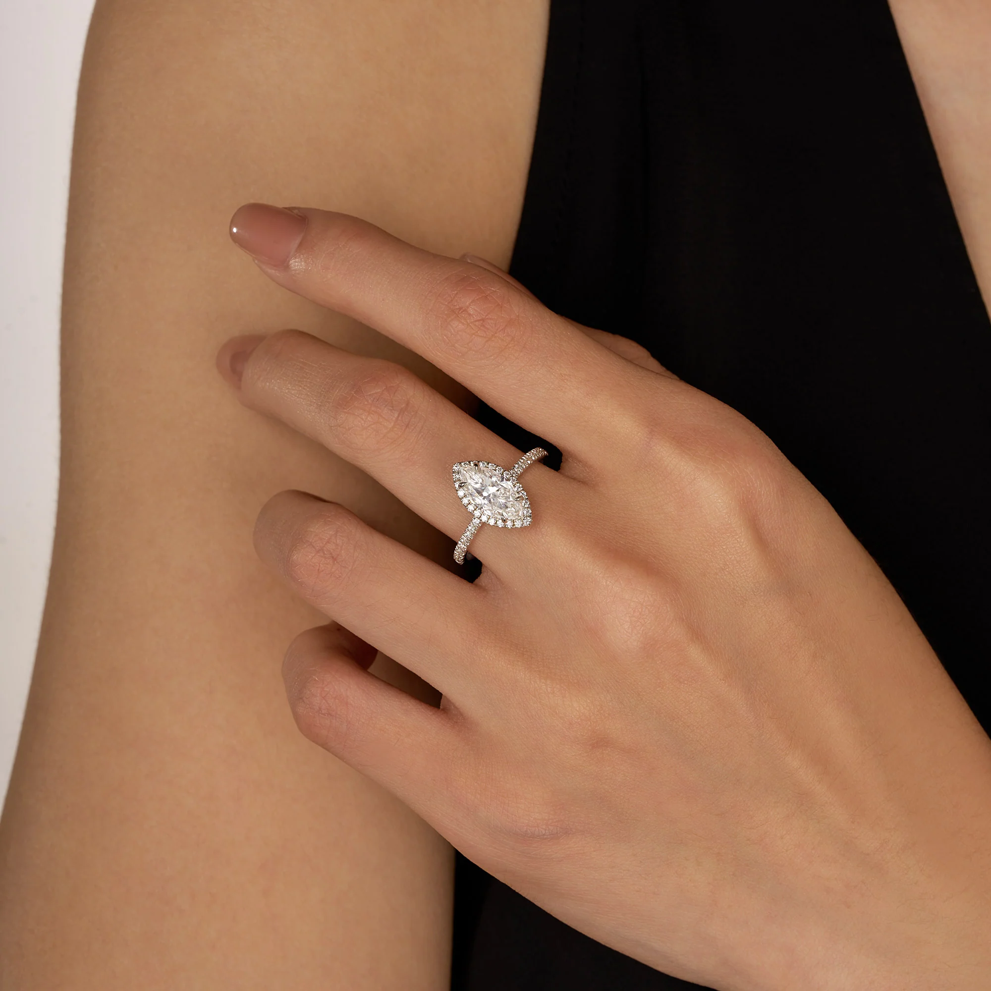 Marquise Halo Moissanite Engagement Ring with Pave Band - Image 10