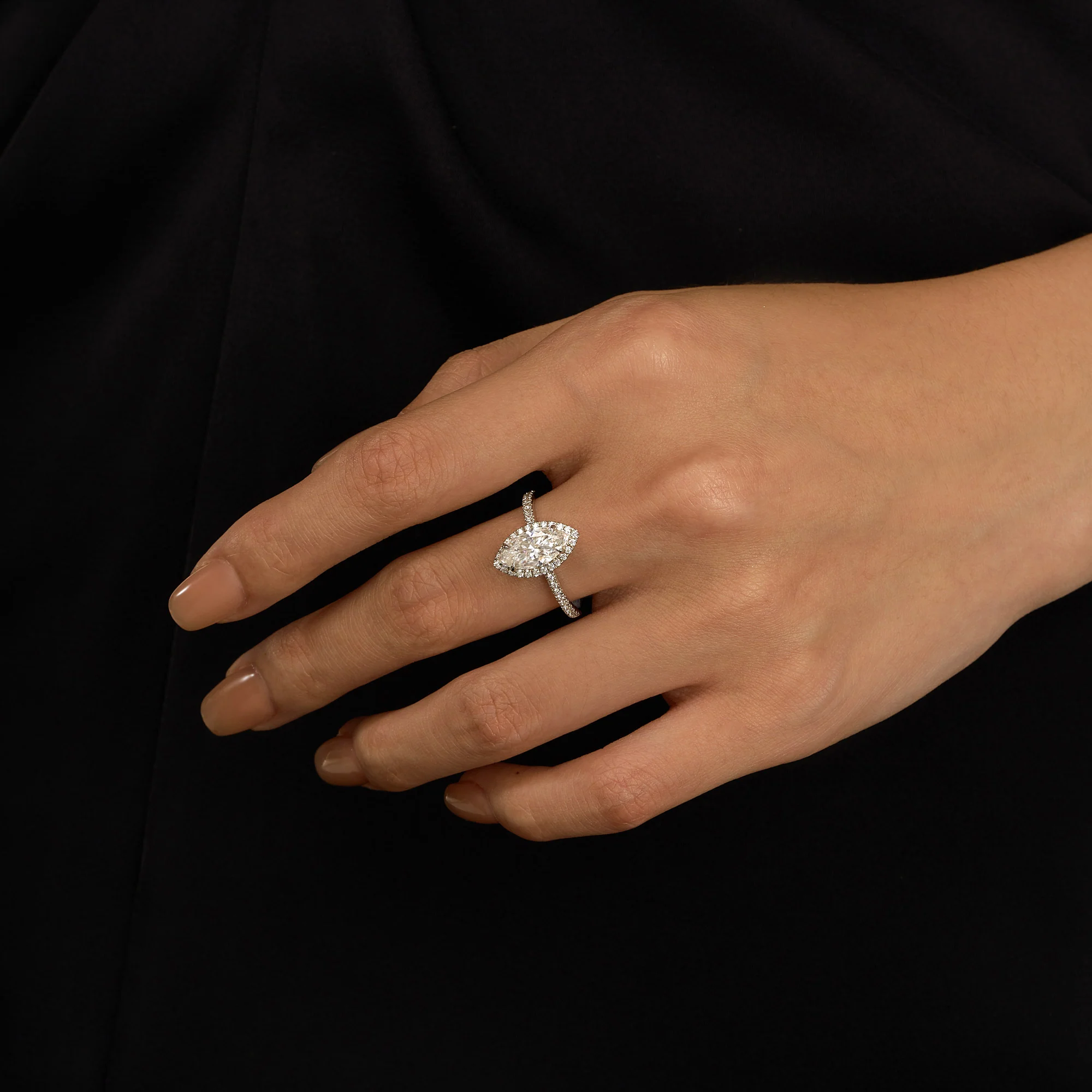 Marquise Halo Moissanite Engagement Ring with Pave Band - Image 11