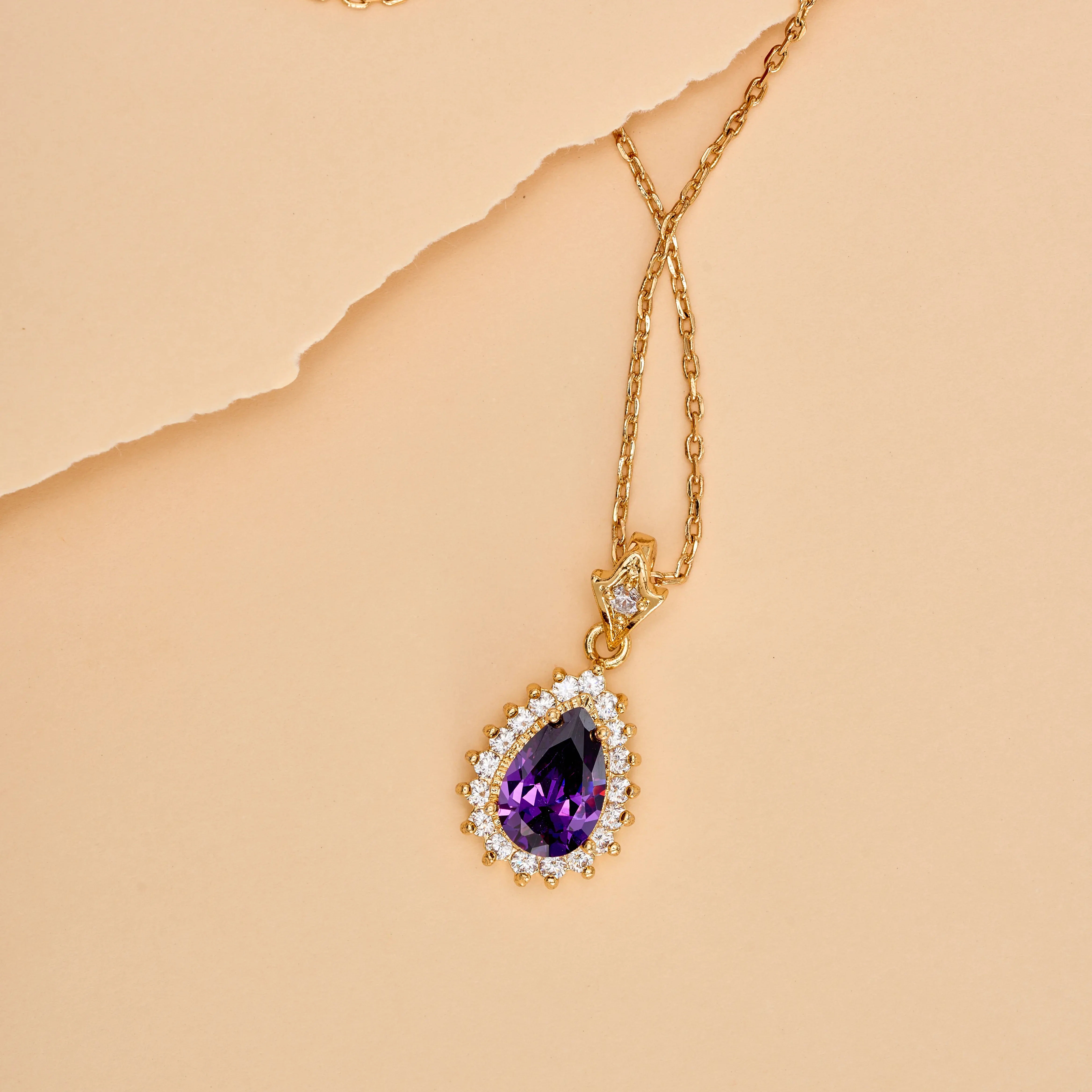 Amethyst Pear With Halo Style Pendant Necklace - Image 5