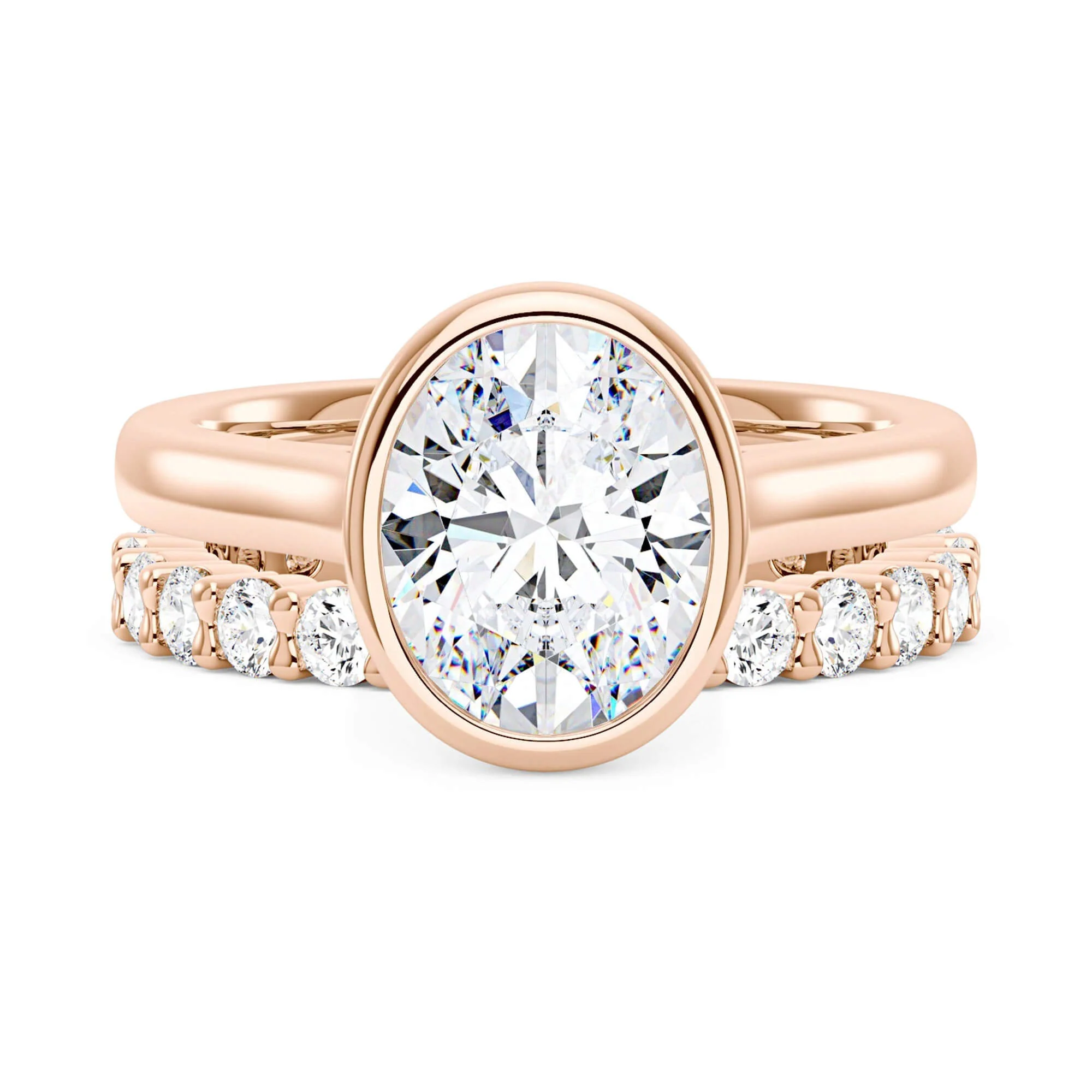 Oval Bezel Engagement Ring And Pave Eternity Wedding Band Set - Image 4