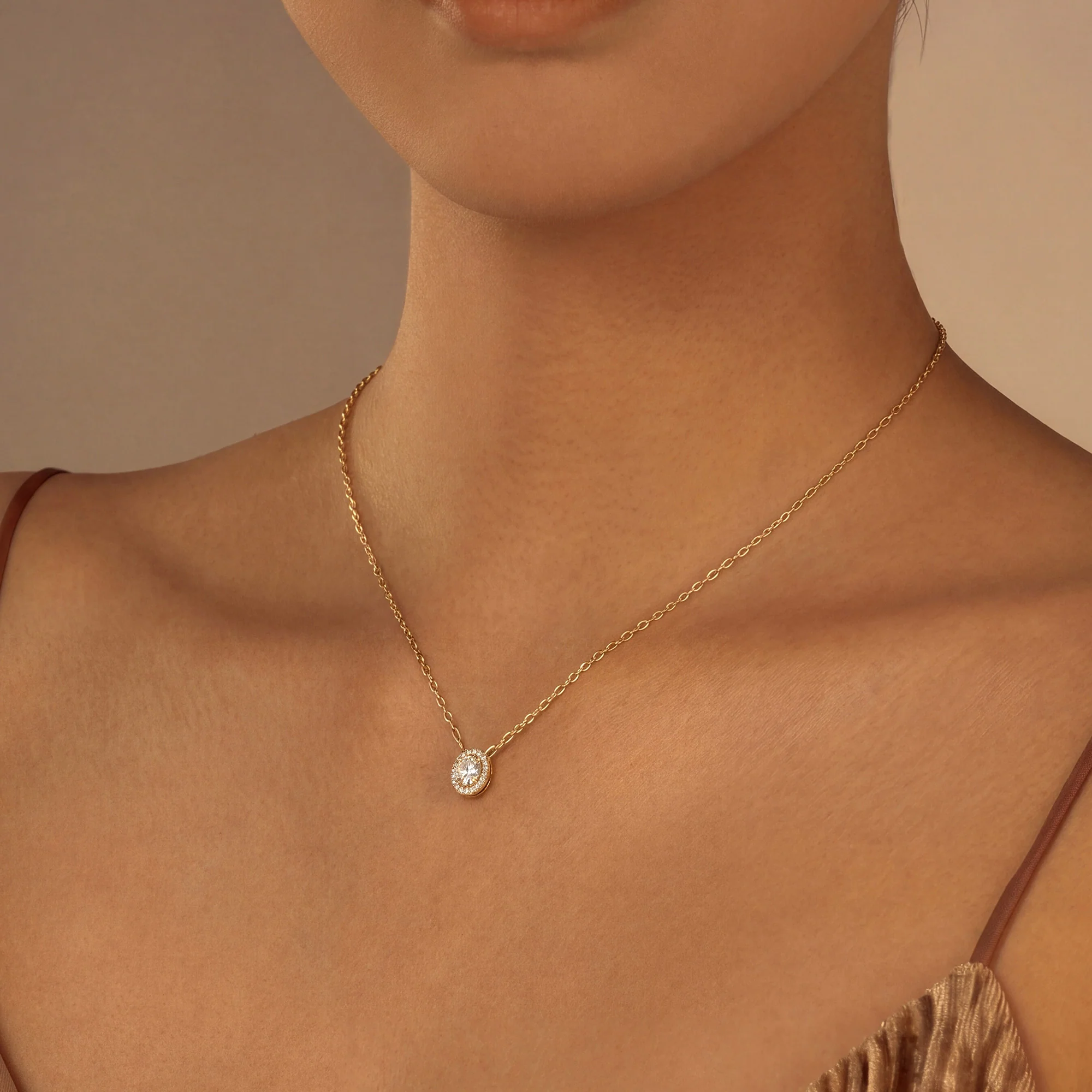 Oval Cut Halo Diamond Pendant Necklace - Image 10