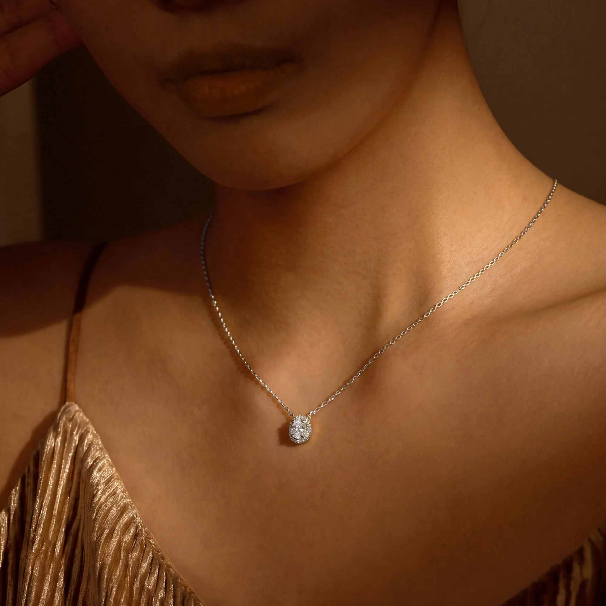 Oval Cut Halo Diamond Pendant Necklace - Image 9