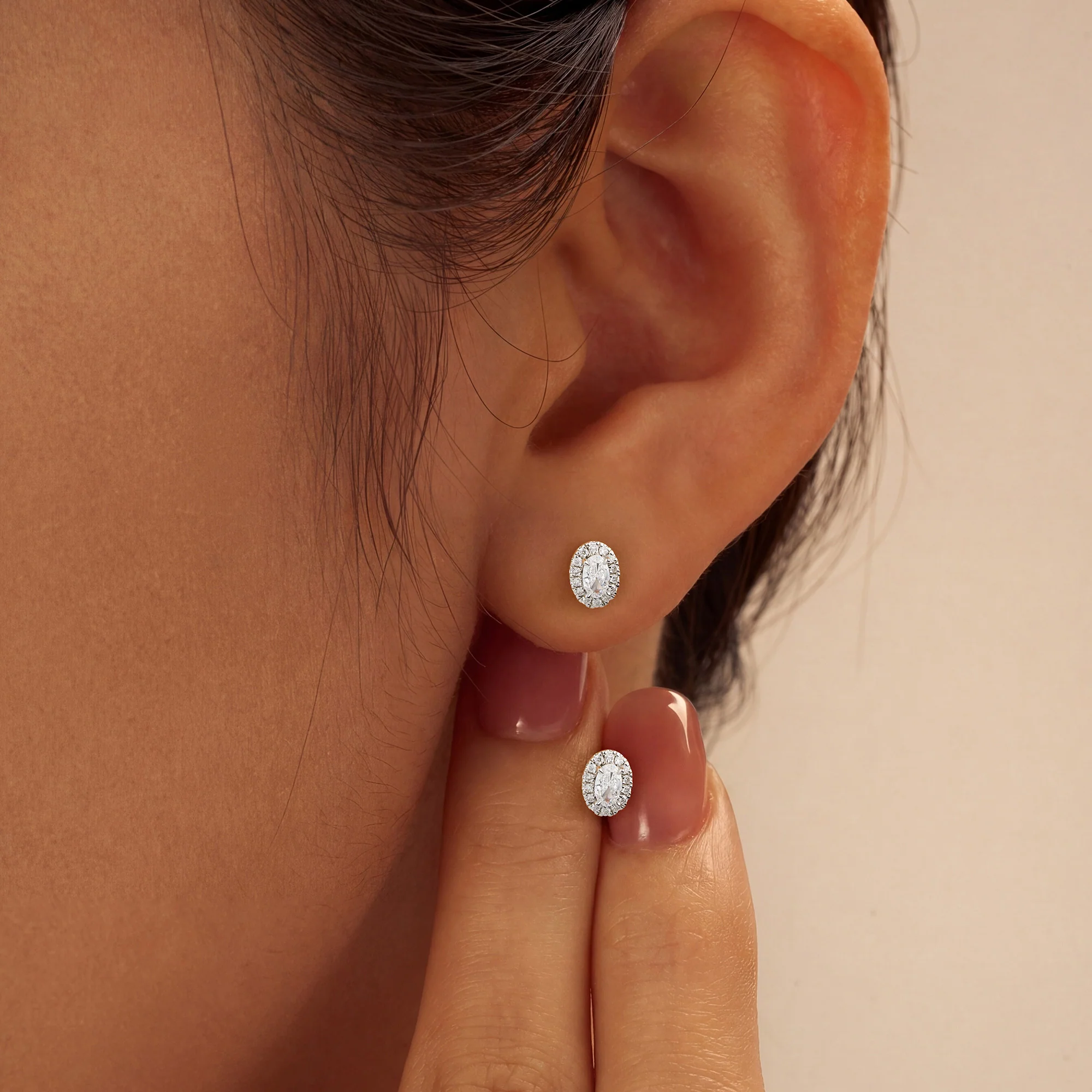 Oval Cut Halo Diamond Stud Earrings - Image 10