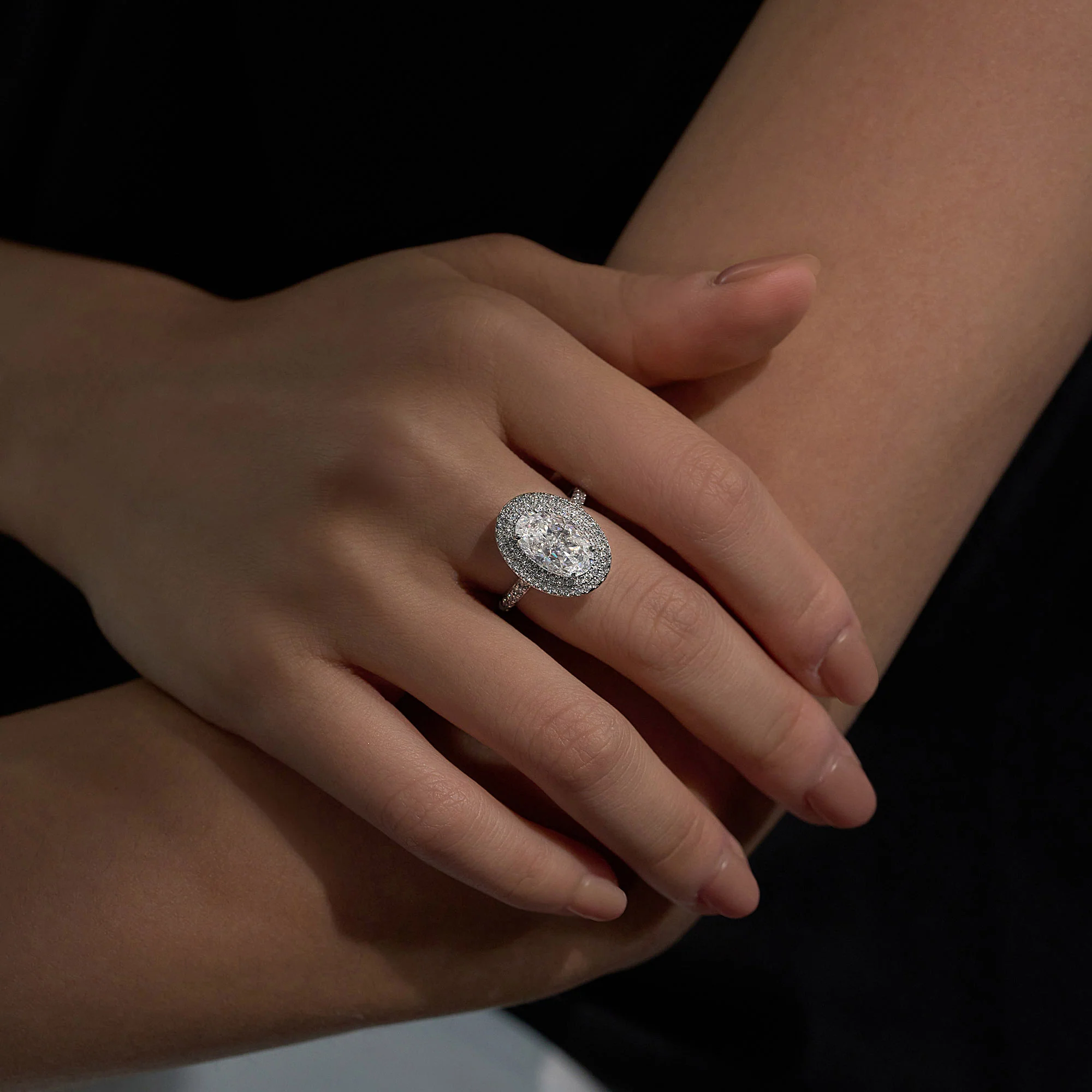 4 Carat Art Deco Oval Cut Moissanite Pavé Double Halo Ring - Image 11