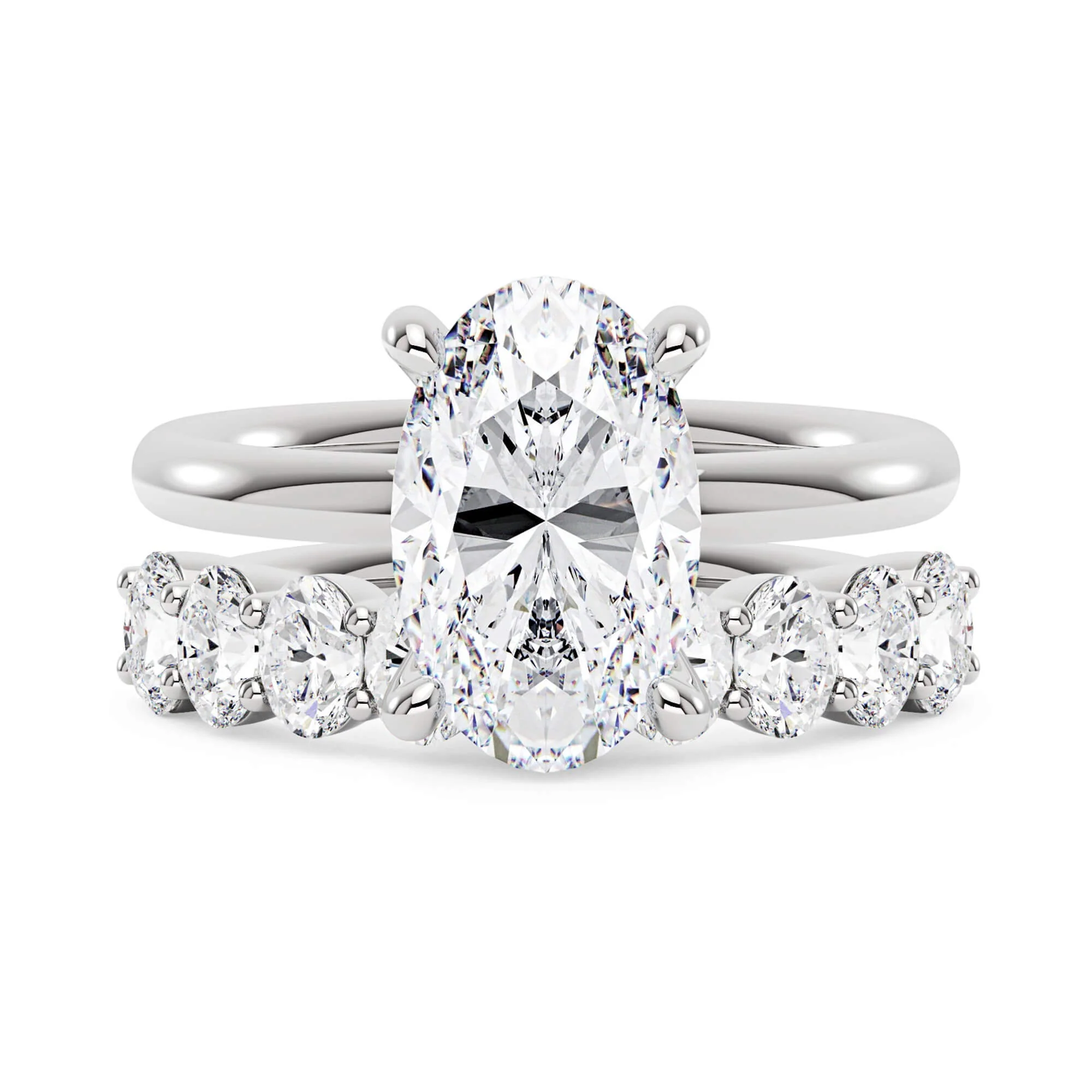 Oval Cut Moissanite Engagement Ring and Half Eternity Band Bridal Ring Set - Image 3