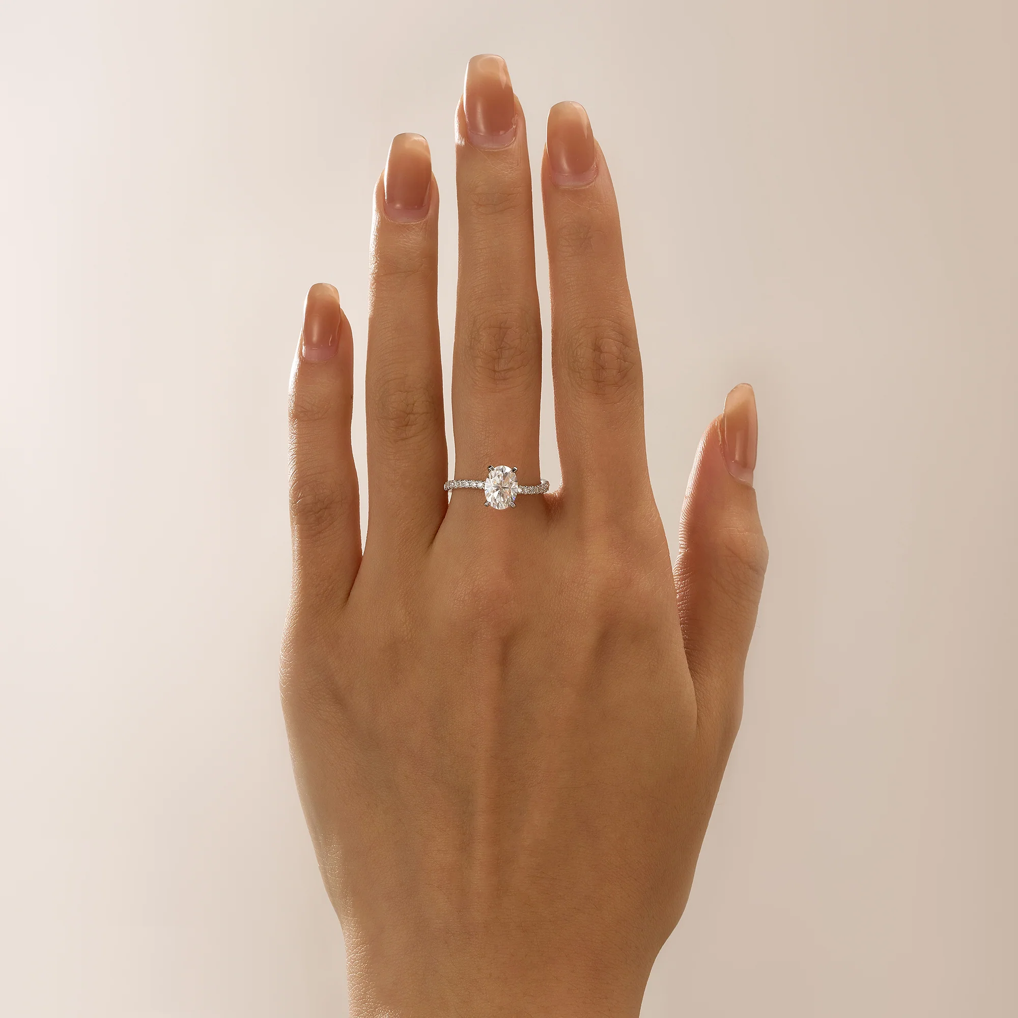 Oval Cut Moissanite Ring with Half Pavé Wave Band - Image 10