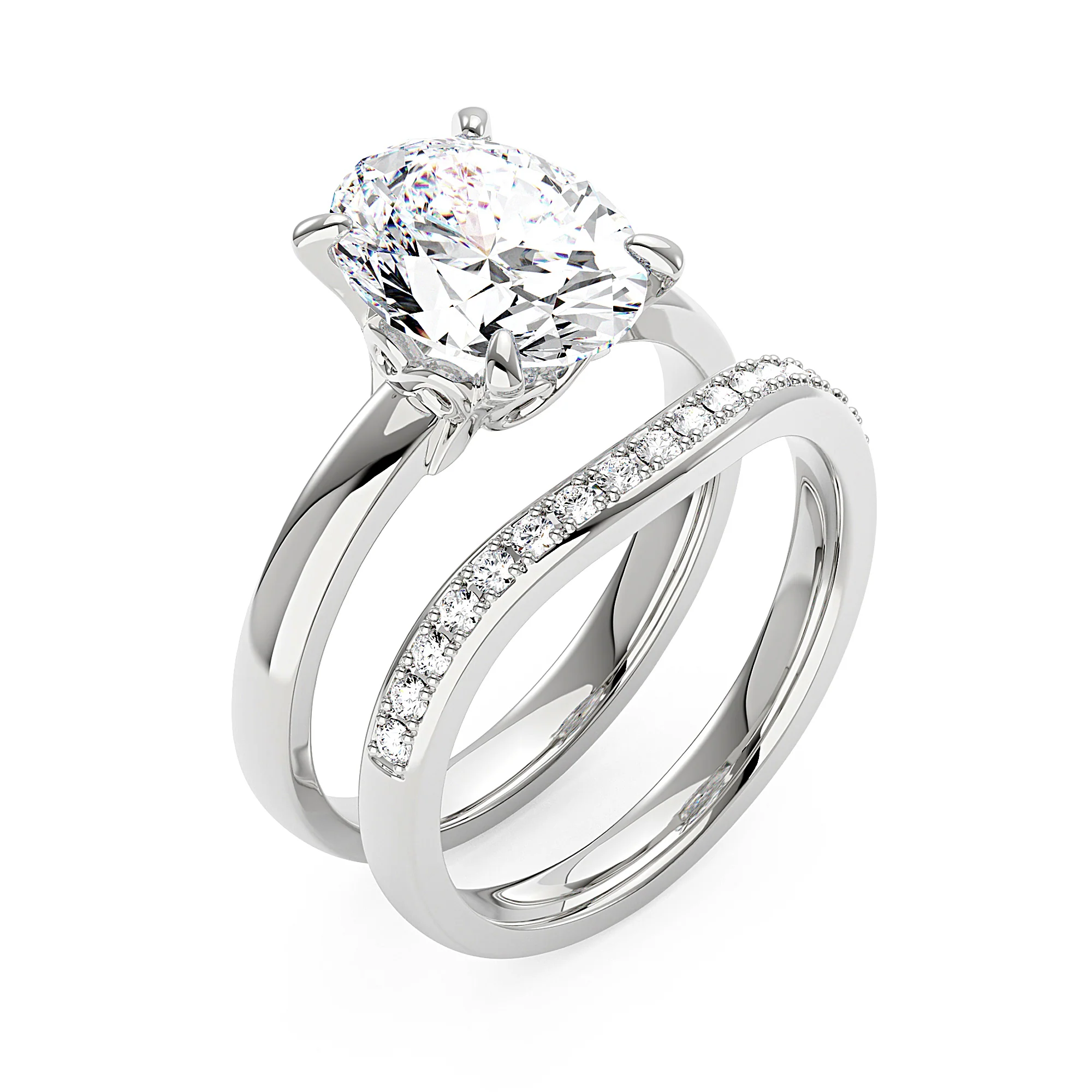 Oval Cut Moissanite Solitaire Engagement Ring and Curved Wedding Band Set - Image 3