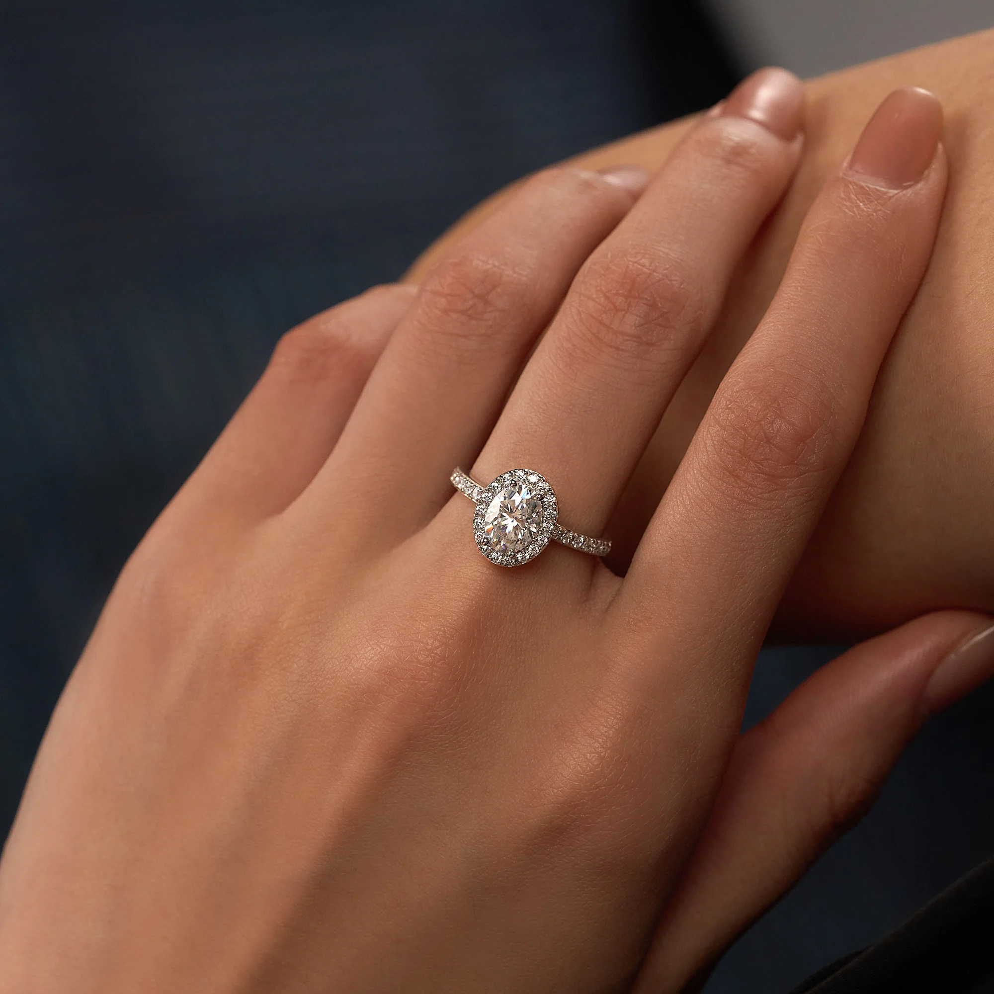 Oval Moissanite Halo Pave Band Ring - Image 11