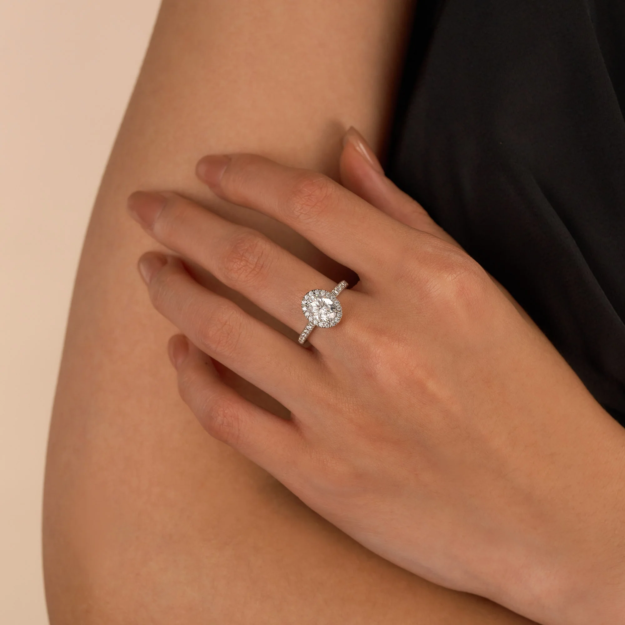 Oval Moissanite Halo Pave Band Ring - Image 12