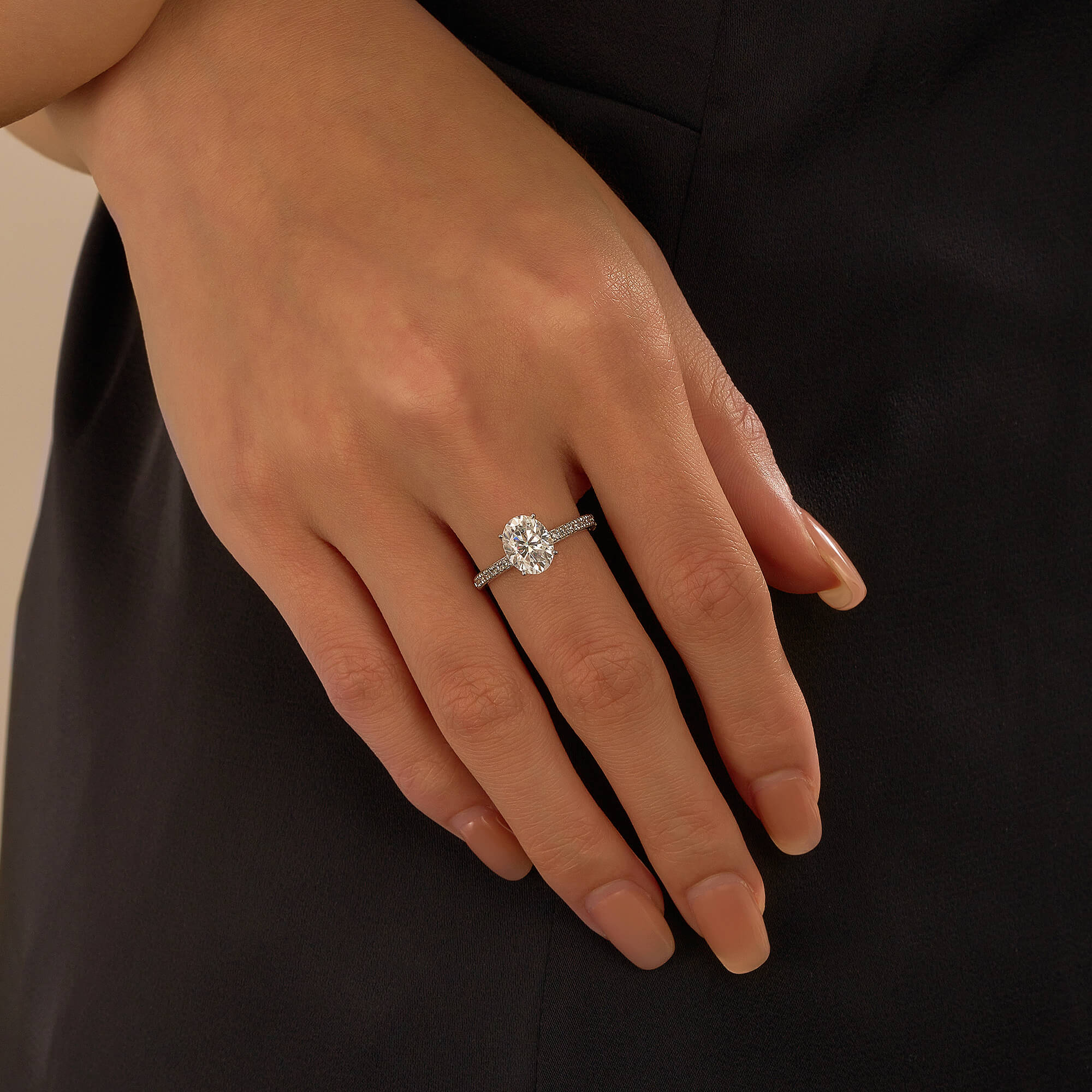 Oval Moissanite Hidden Halo Engagement Ring with Pavé Band - Image 12