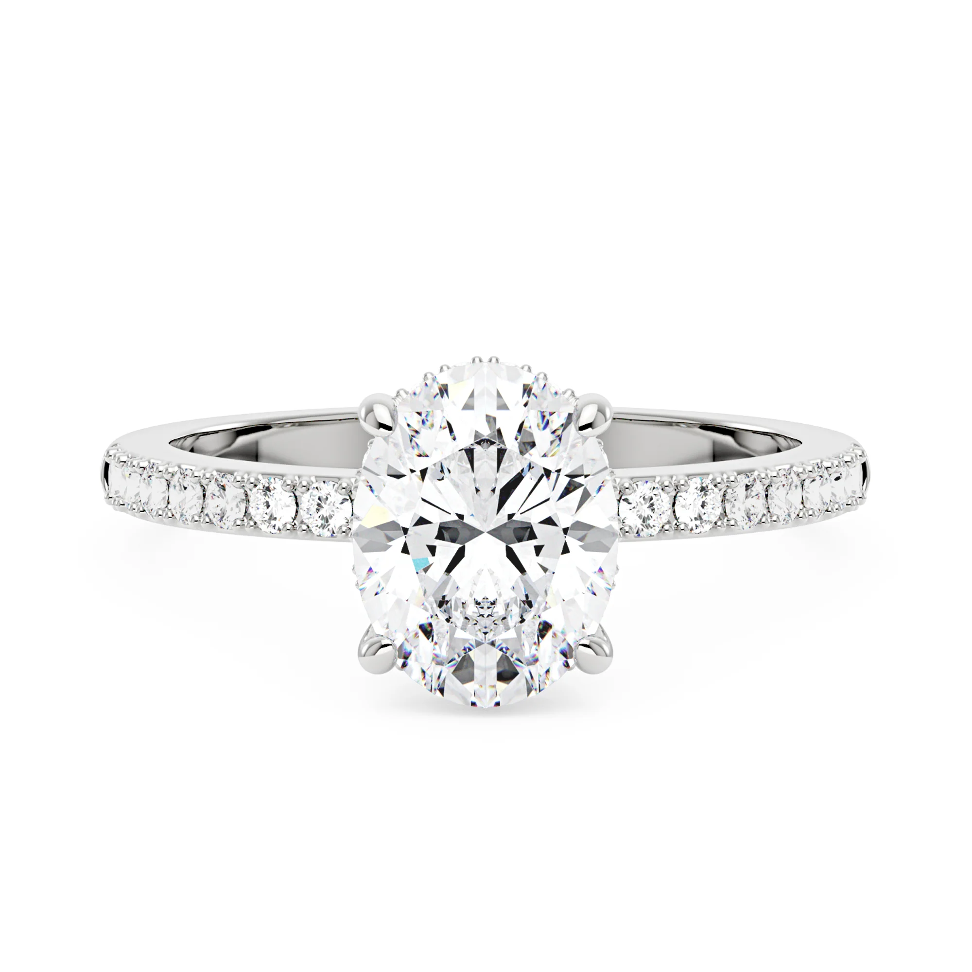 Oval Moissanite Hidden Halo Engagement Ring with Pavé Band - Image 4