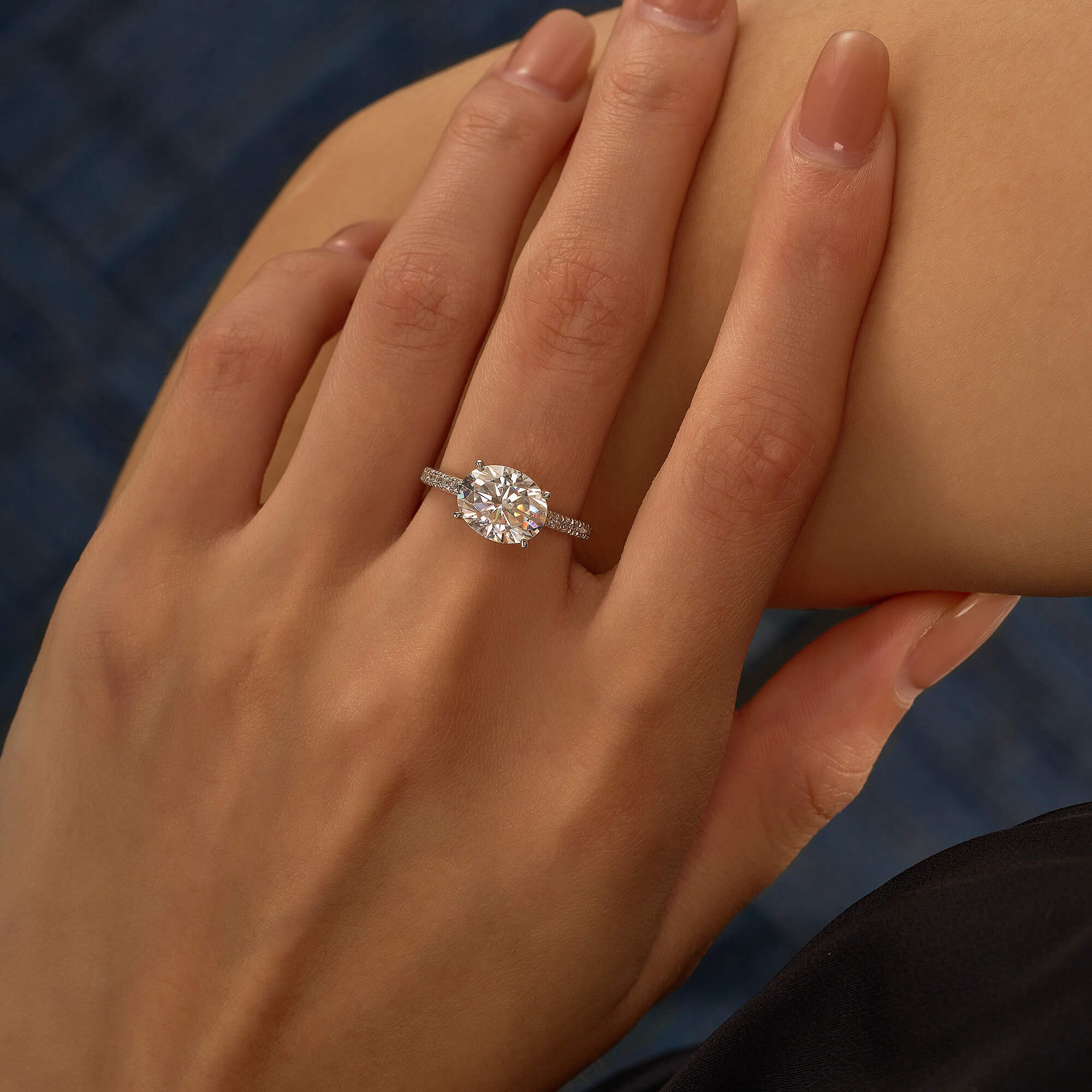 Sideways Oval Moissanite Ring with Pavé Band - Image 11