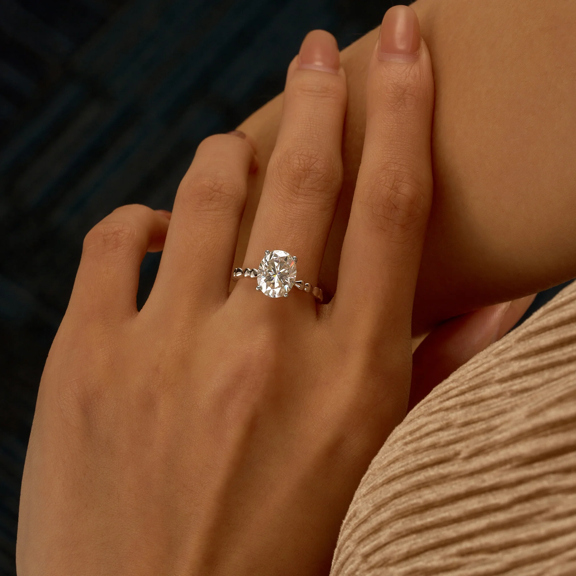 Oval Moissanite Solitaire Ring with Bow-Tie Band - Image 11