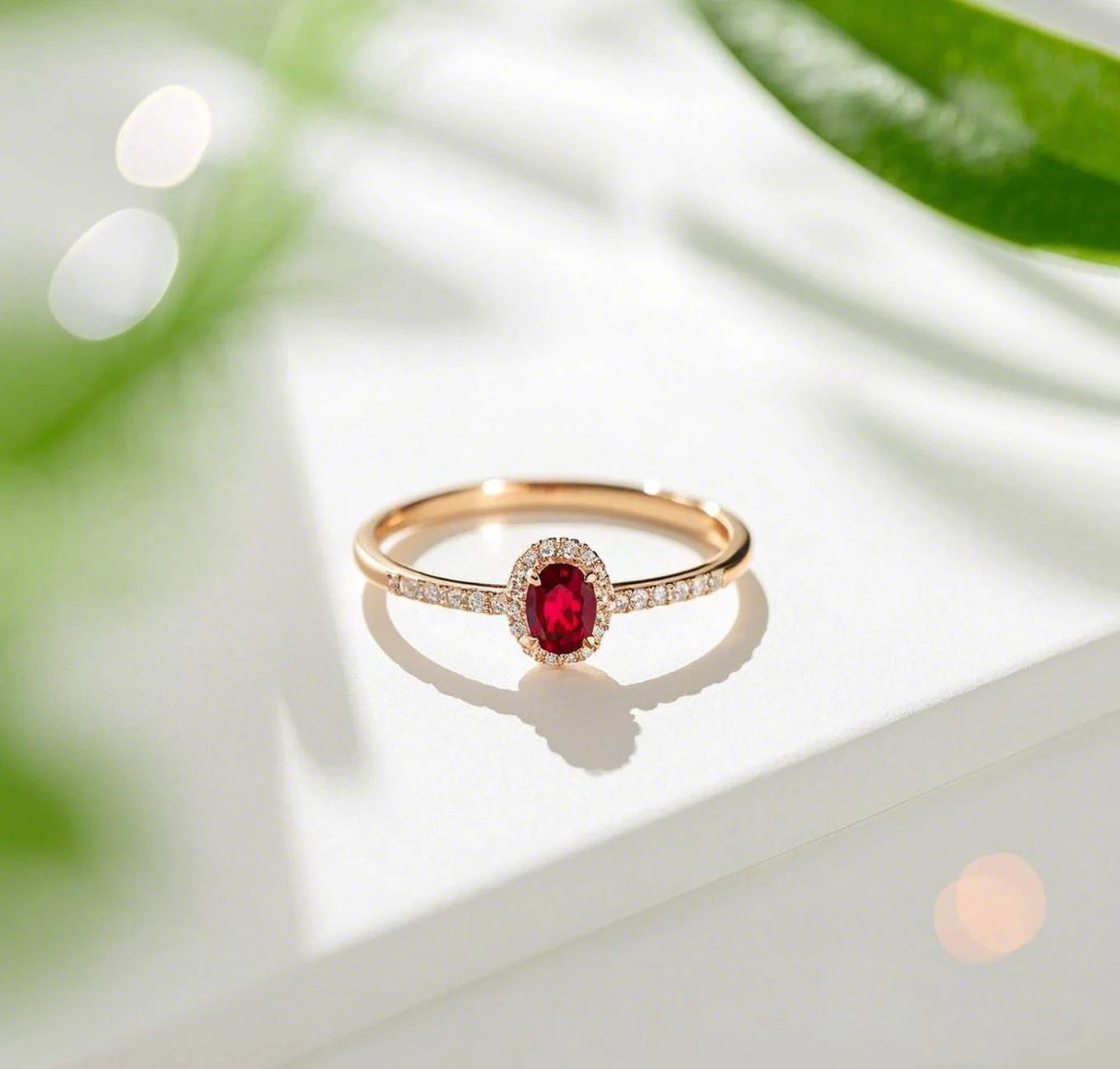 Oval Ruby Diamond Halo 18K Gold Vermeil Ring