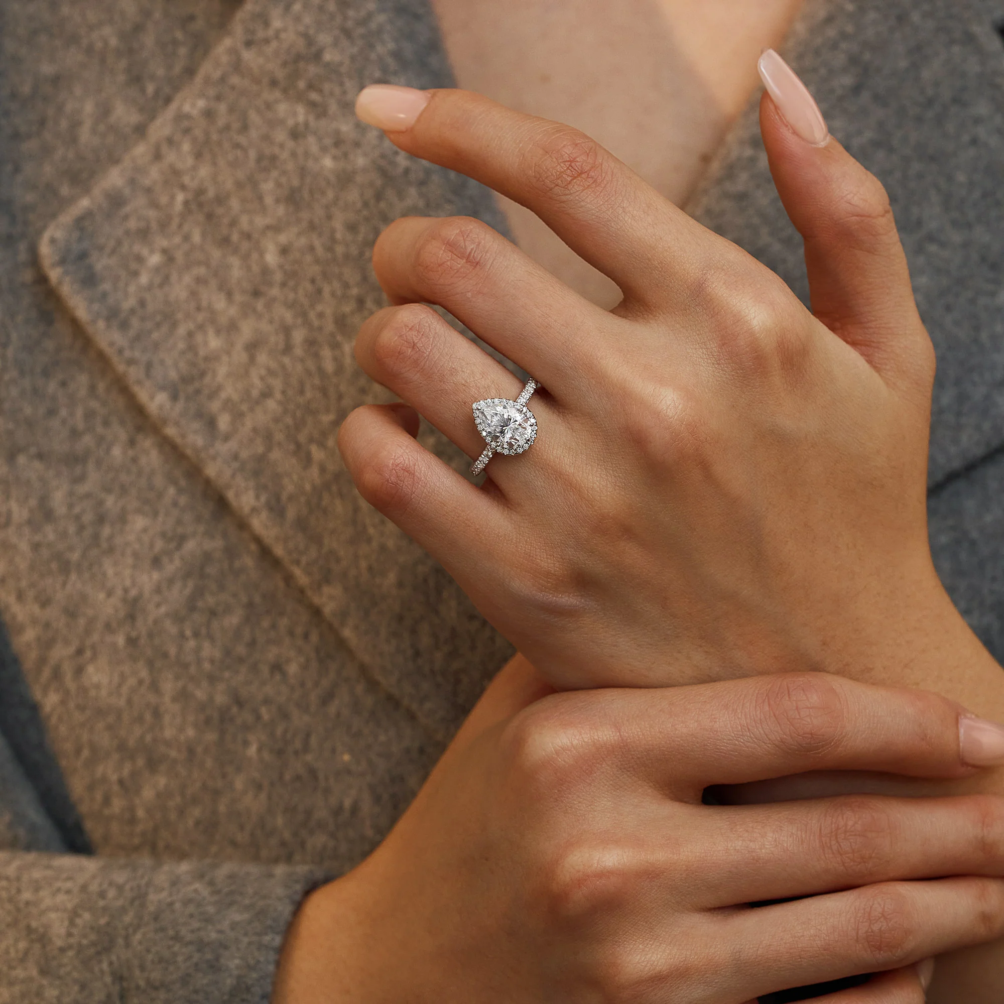 Pear Cut Moissanite Engagement Wedding Halo Pave Ring - Image 11