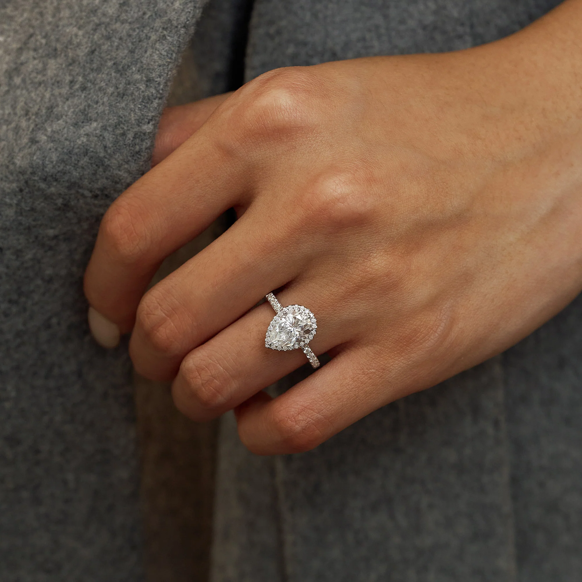 Pear Cut Moissanite Engagement Wedding Halo Pave Ring - Image 12