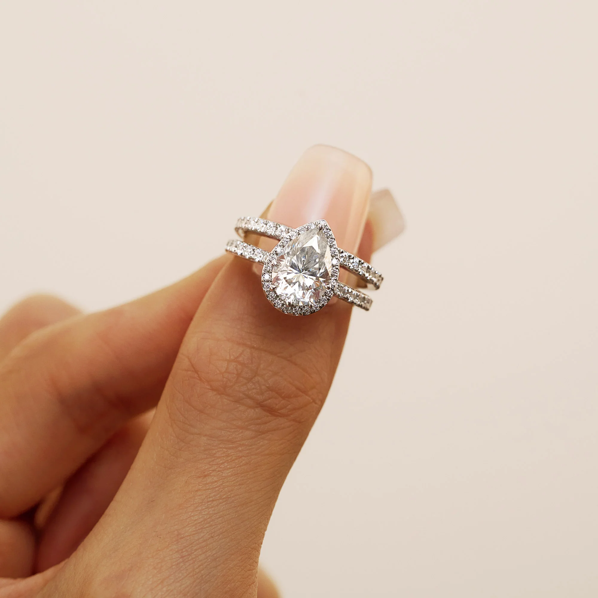 Pear Shaped Teardrop Moissanite Halo Pave Bridal Set - Image 10