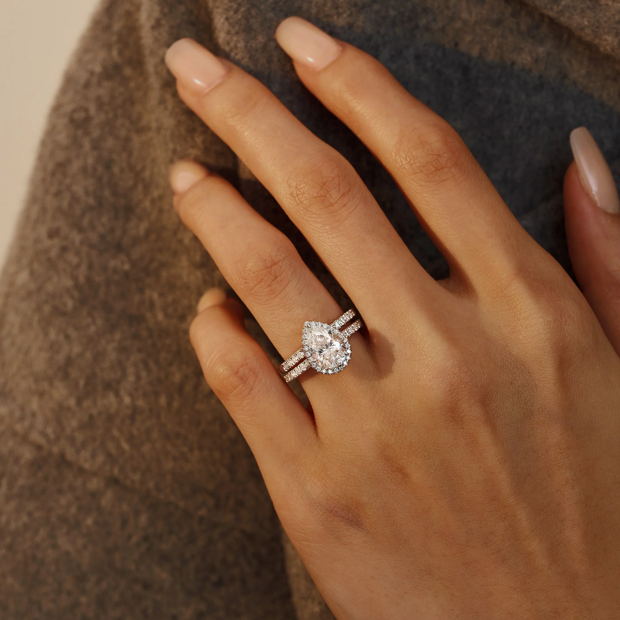 Pear Shaped Teardrop Moissanite Halo Pave Bridal Set - Image 11